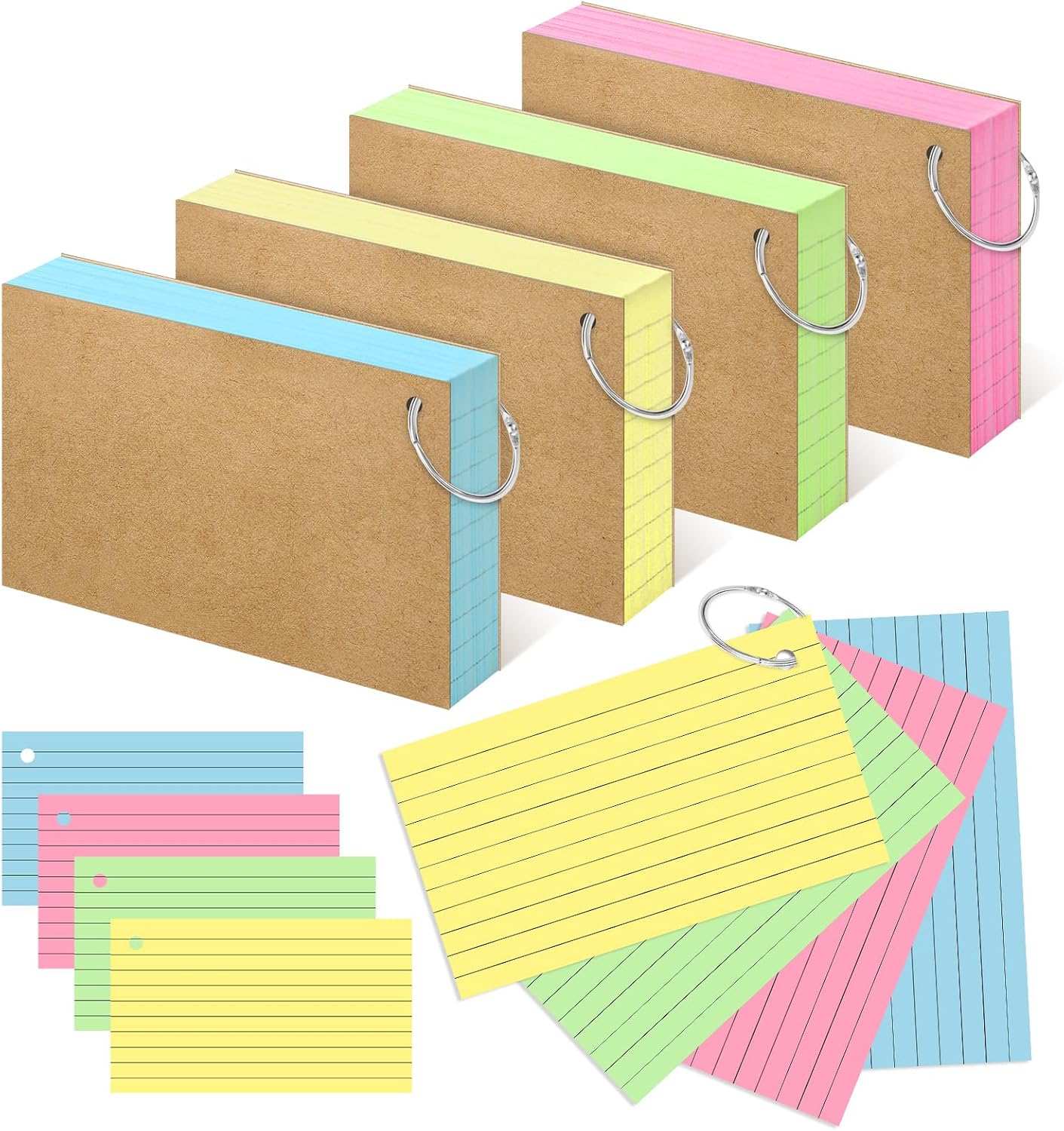 Colored Index Cards 3x5 Inch Flash Cards with Ring Lined Flashcards Note Cards for Studying School Supplies College, 200 Count