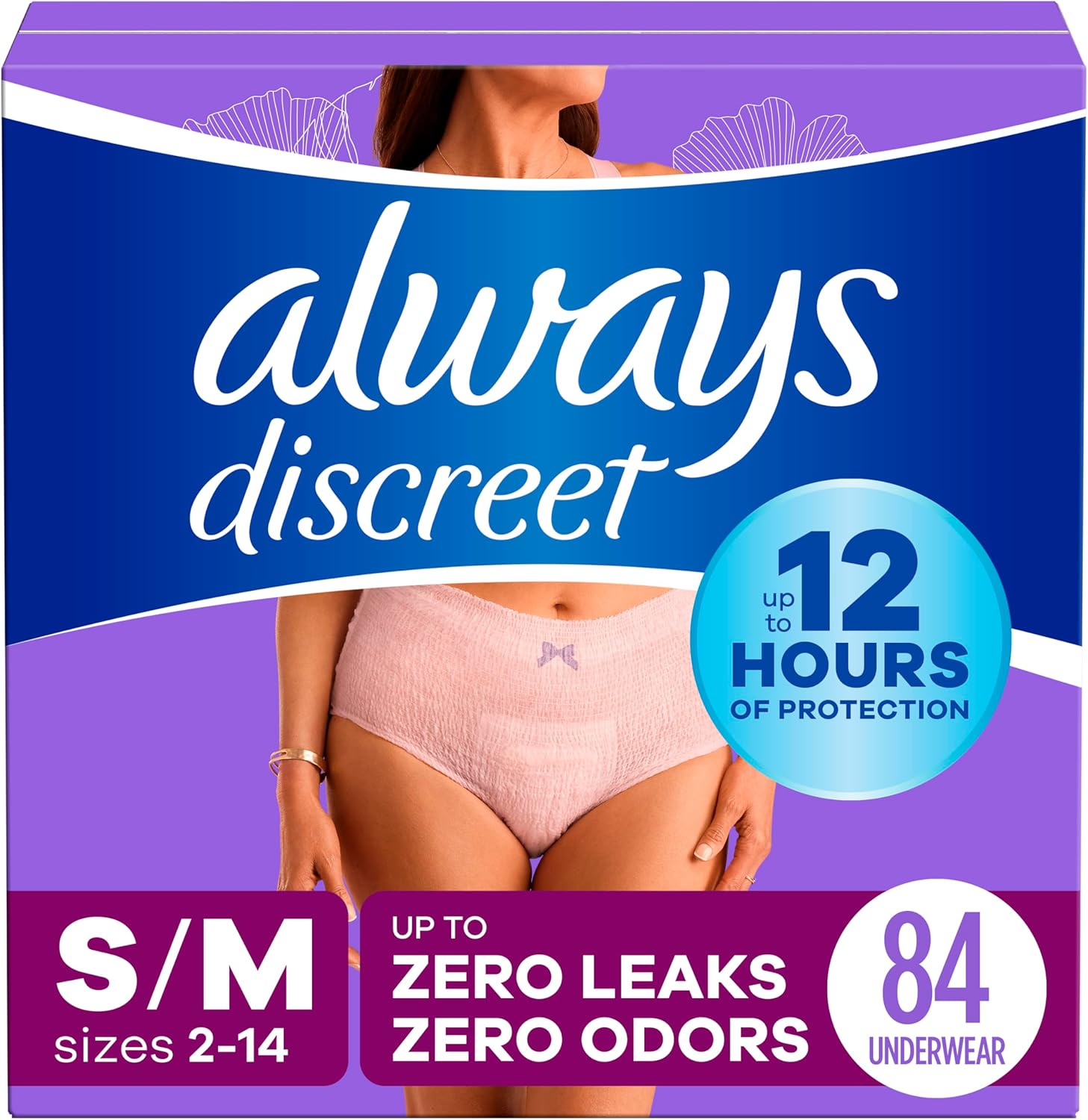 Always Discreet Adult Incontinence Underwear for Women and Postpartum Underwear, S/M, Up to 100% Bladder Leak Protection, 84 Count (Packaging May Vary)