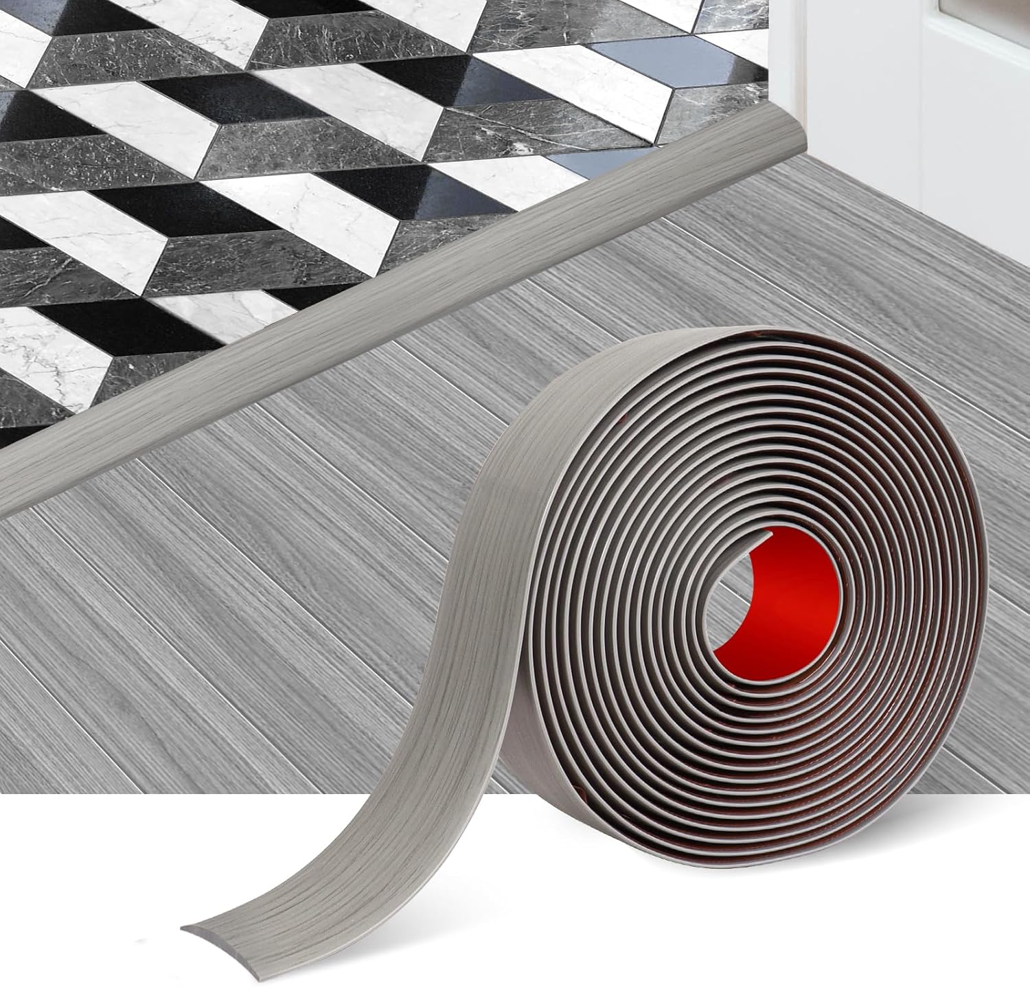 Floor Transition Strip Self Adhesive Floor Cover Strips Laminate 2" Wide Vinyl Flat Divider Transitions Elegant Wood Grain Design (5cm, 20Ft, Gray)