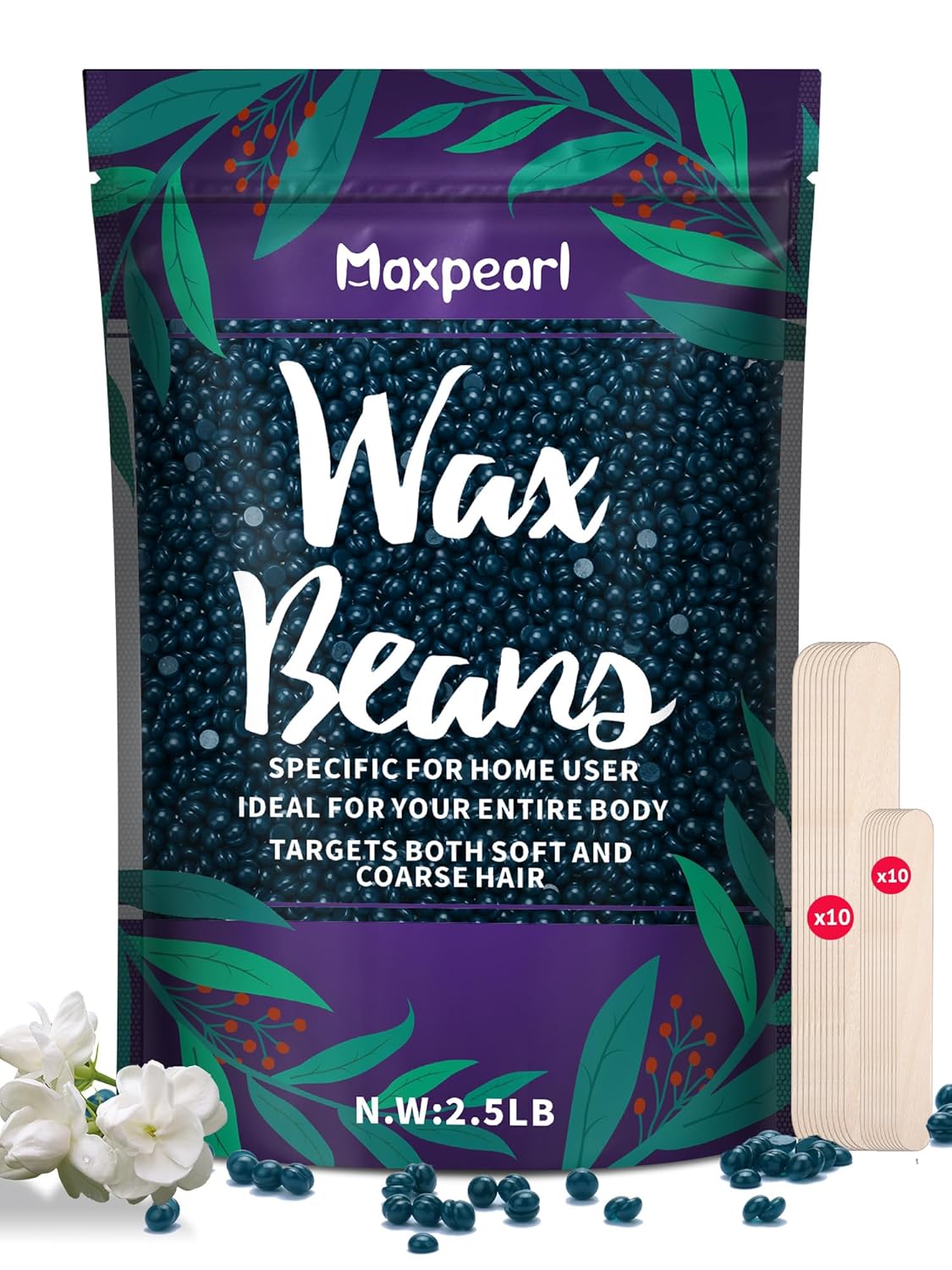 Maxpearl Wax Beads for Hair Removal, 2.5lb Hard Wax Beans Refill Bag for Brazilian Bikini, Face, Eyebrows, Underarms, Arms, Chest, Back, Legs, Coarse Body Hair Specific