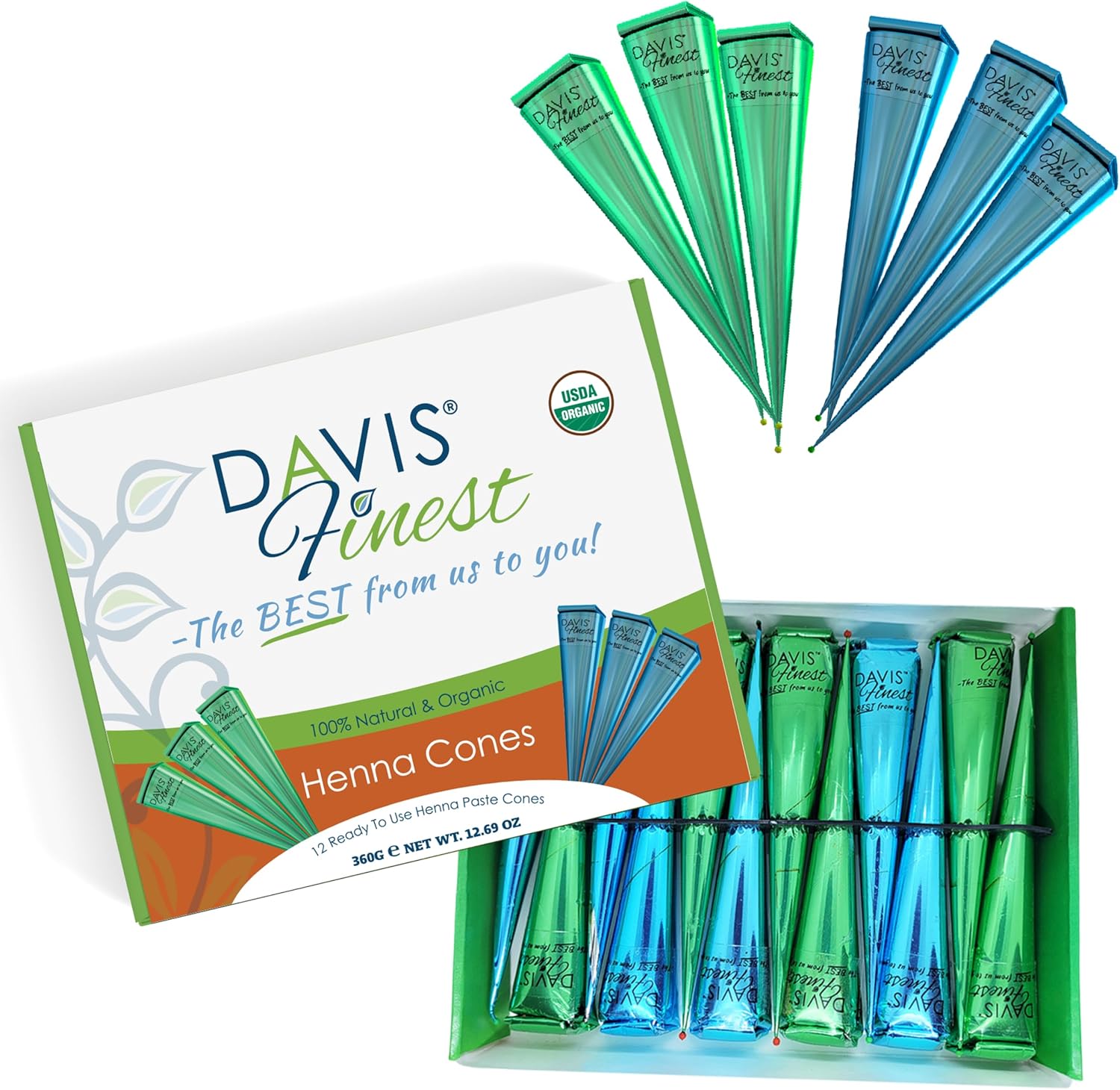Davis Finest - Natural Henna Cones - Pack of 12 x 30g - 100% Organic & Chemical-Free Mehndi Paste - Dark Brown Colour - Skin Friendly Ready To Use Temporary Tattoo Body Art Kit