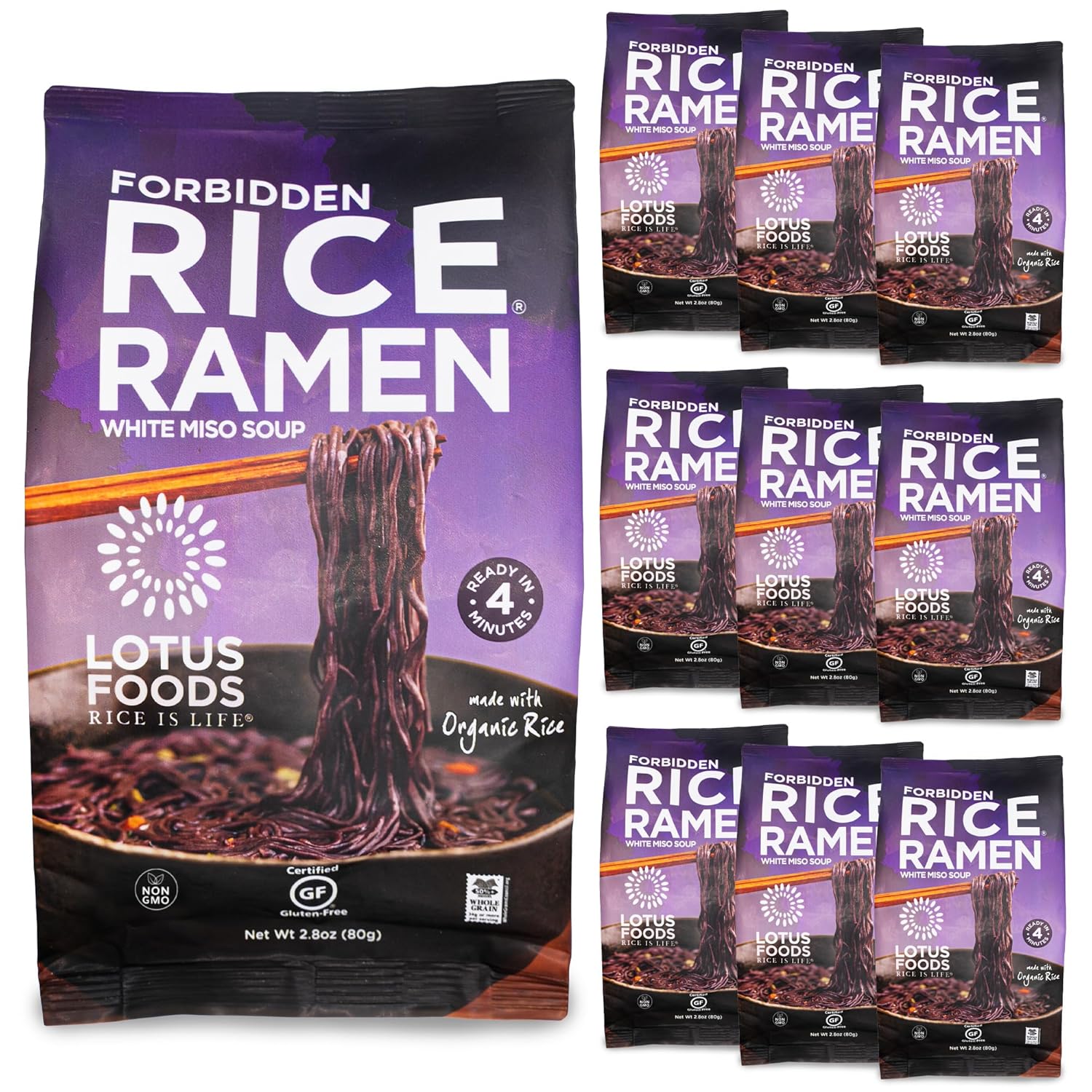 Lotus Foods Organic Forbidden Rice Ramen With Miso Soup - Gluten Free Ramen Noodles, Whole Grain Noodles, Organic Vegan Ramen, Rice Noodles, Miso Soup - 2.8 oz Bags (Pack of 10)