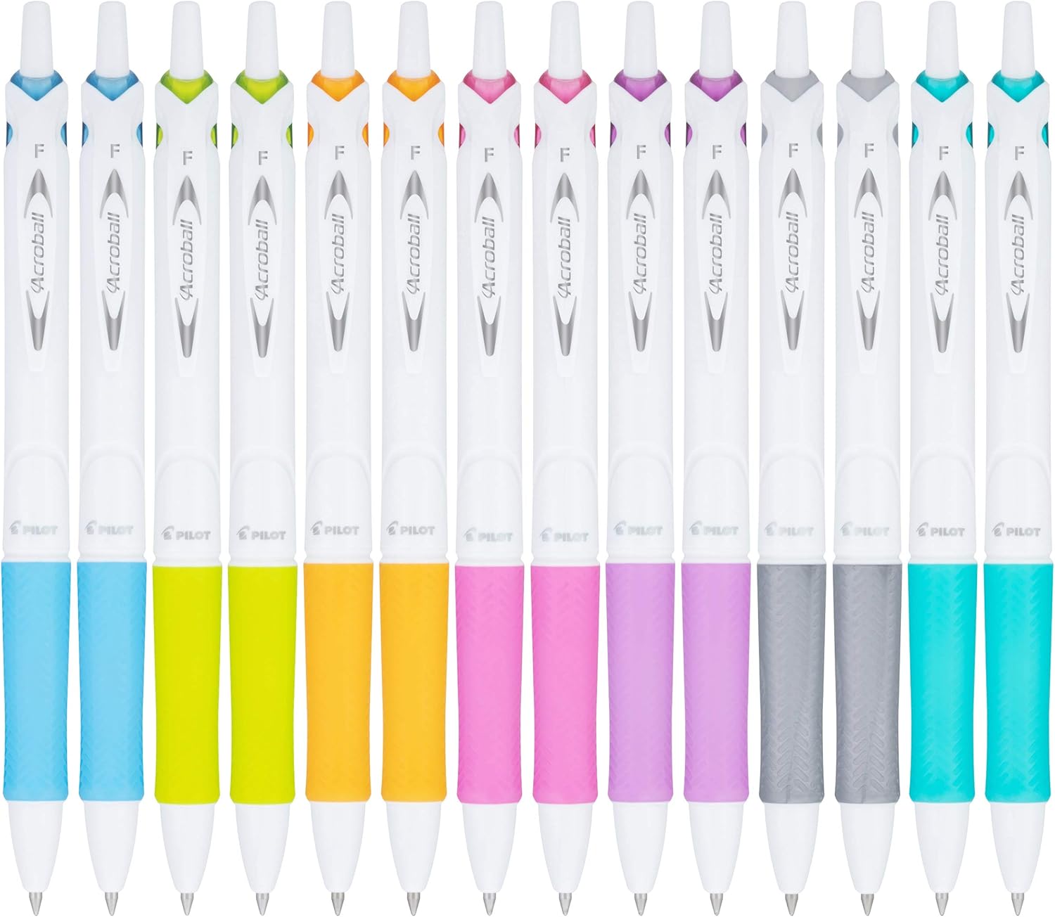 PILOT Acroball PureWhite Advanced Ink Refillable & Retractable Ball Point Pens with Assorted Accents, Fine Point, Black Ink, 14-Pack (14691)