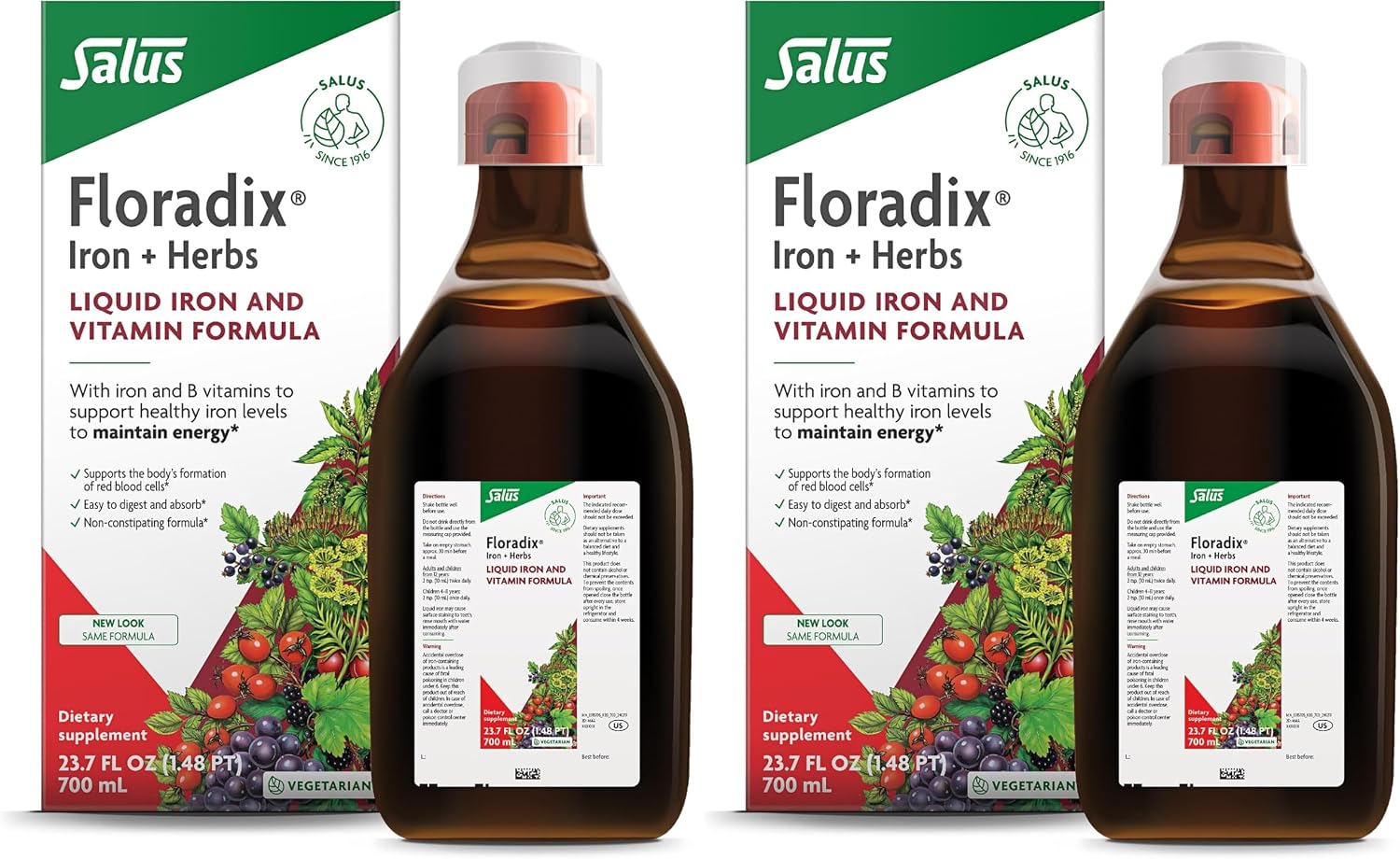 Floradix Iron & Herbs - Liquid Herbal Supplement for Energy Support - Iron Supplement with Vitamin C & Vitamin B Complex - Ferrous Gluconate Iron - for Men & Women - 23.7 fl oz (Pack of 2)