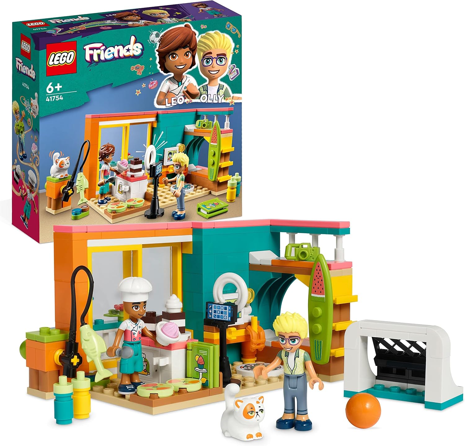LEGO Friends Leo's Room, Baking Themed Bedroom Playset, Collectible Toy for Kids, Girls and Boys with Olly Mini-Doll, Pet Cat & Accessories, Small Gift Idea, 2023 Characters 41754