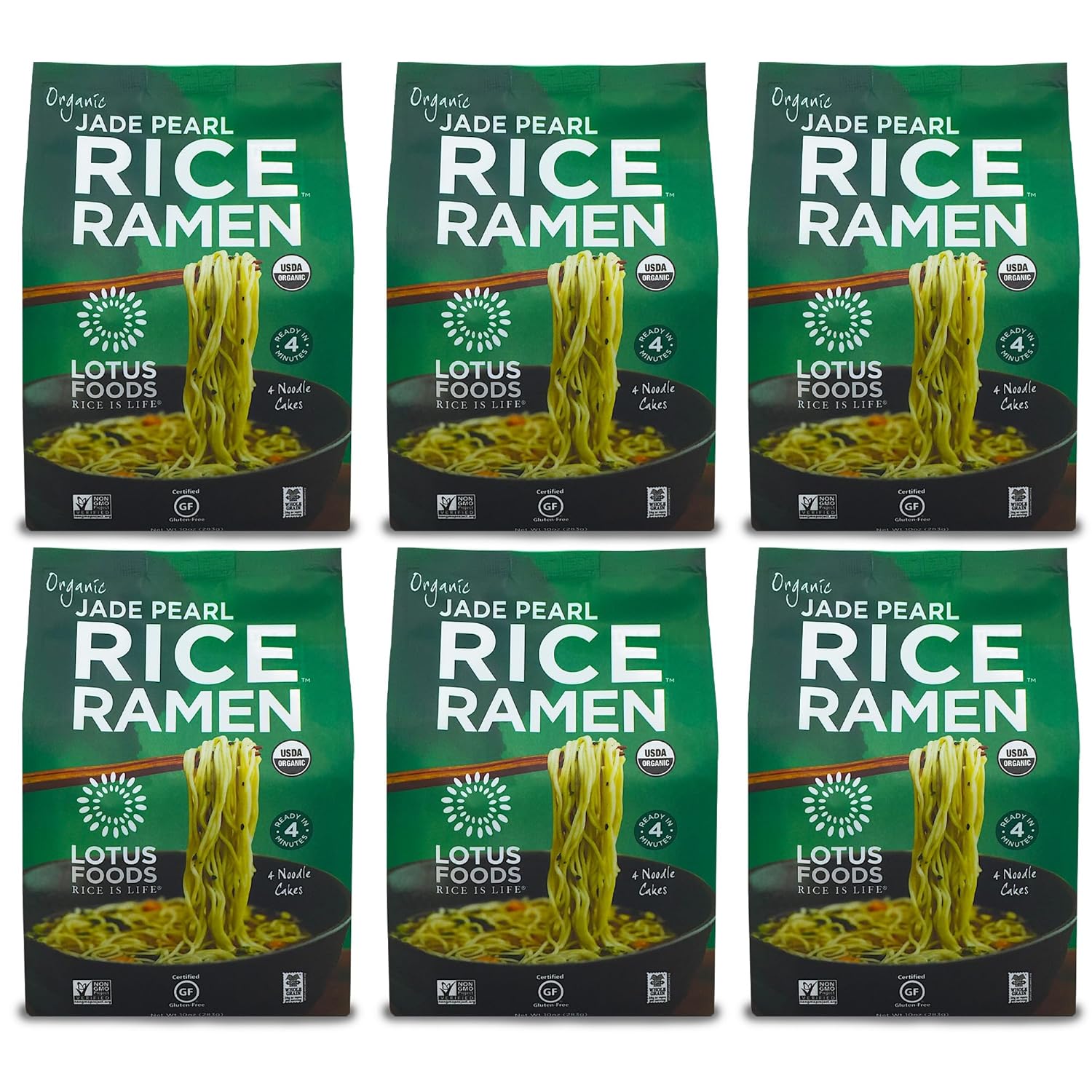 Lotus Foods Organic Jade Pearl Rice Ramen Noodles - Gluten Free Instant Ramen Noodles, Vegan, Low Sodium, Made with Brown Rice Flour and White Rice Flour, Ready in 4 Minutes - 10 Oz (Pack of 6)