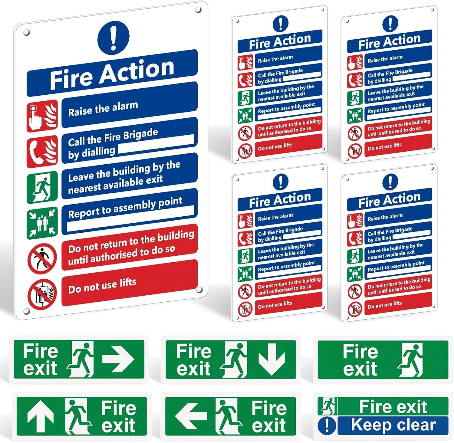 Fire Safety Signs Pack of 11 - Fire Action Notice Sign - 1mm Rigid Plastic - 300 x 200mm, Exit Sticker, Keep Clear - Self-Adhesive Vinyl Emergency Exit Signage, Matte Finish
