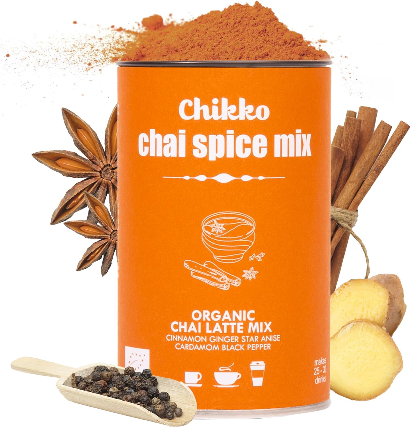 Chikko Organic Chai Latte Mix Powder, 1 x 130g - Authentic & Soothing Spiced Drink - Additive-Free, Chemical-Free, 100% European Ingredients - Comforting Drink Perfect for Cozy Moments