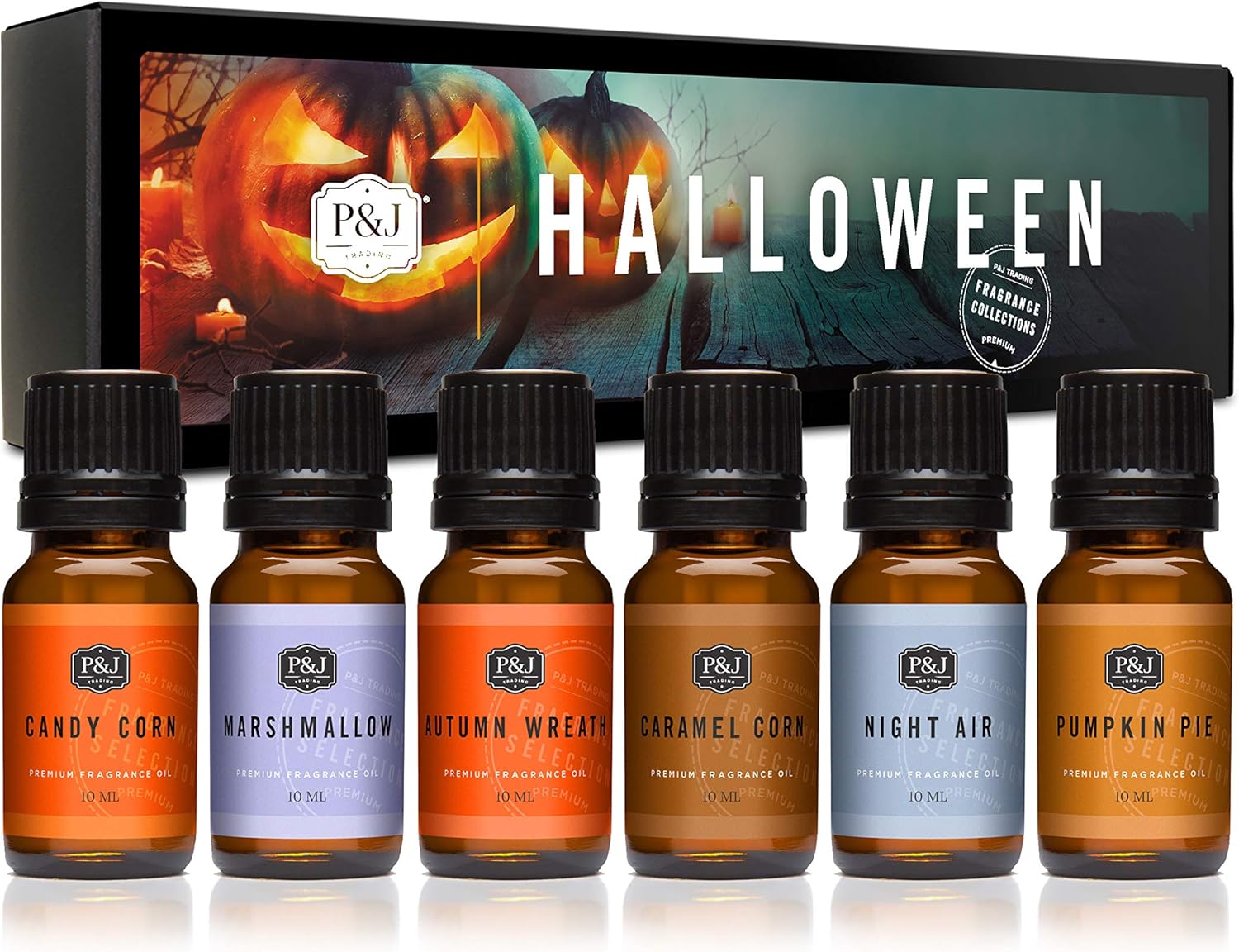 P&J Fragrance Oil Halloween Set | Autumn Wreath, Pumpkin Pie, Candy Corn, Marshmallow, Night Air, and Caramel Corn Candle Freshie Scents for Candle Making, Soap Making Supplies