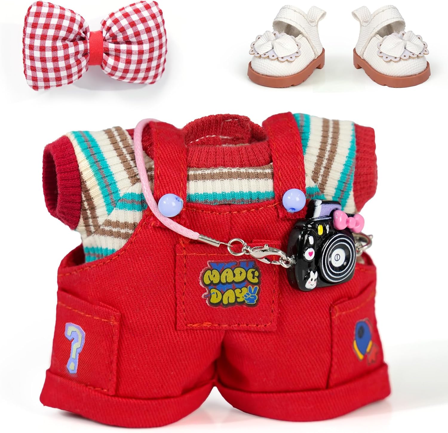 ARTST Doll Clothes Set - 6 Pcs Outfit Accessories for 17cm Plush Plush Pendant Dolls (Sweater, Overalls, Shoes, Camera, Bow Hair Clip) - Birthday Holiday Present for Girls Kids (No Doll)