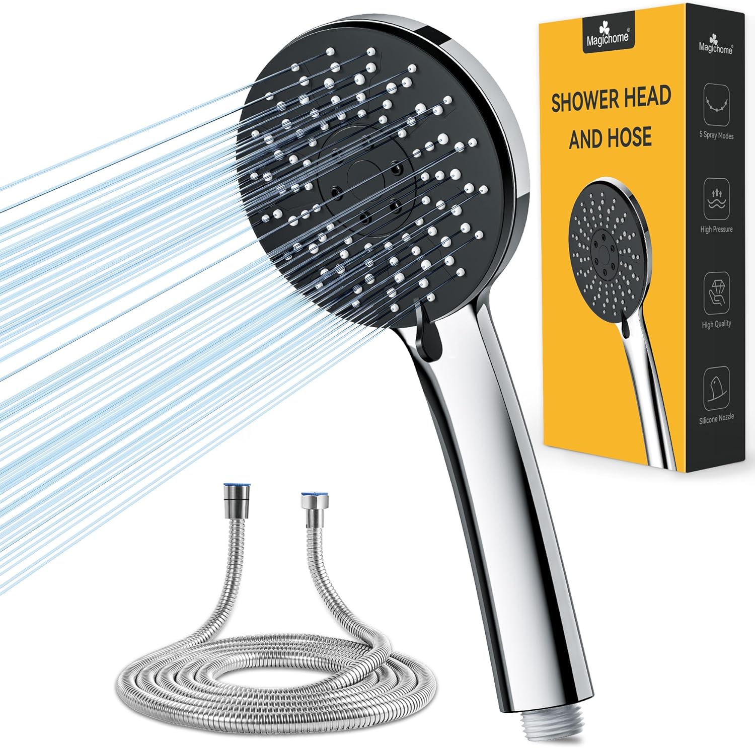 Magichome Shower Head and Hose 1.5m, High Pressure Showerhead with 5 Spray Modes– Bathroom Powerful & Handheld Shower Head for Low Water Pressure
