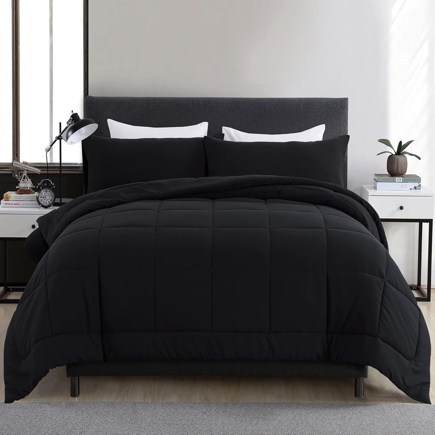 DOWNCOOL Queen Comforter Set -All Season Queen Bed Set with 2 Pillow Cases-3 Pieces Bedding Sets Queen -Down Alternative Black Comforters Queen Size(88"x90")