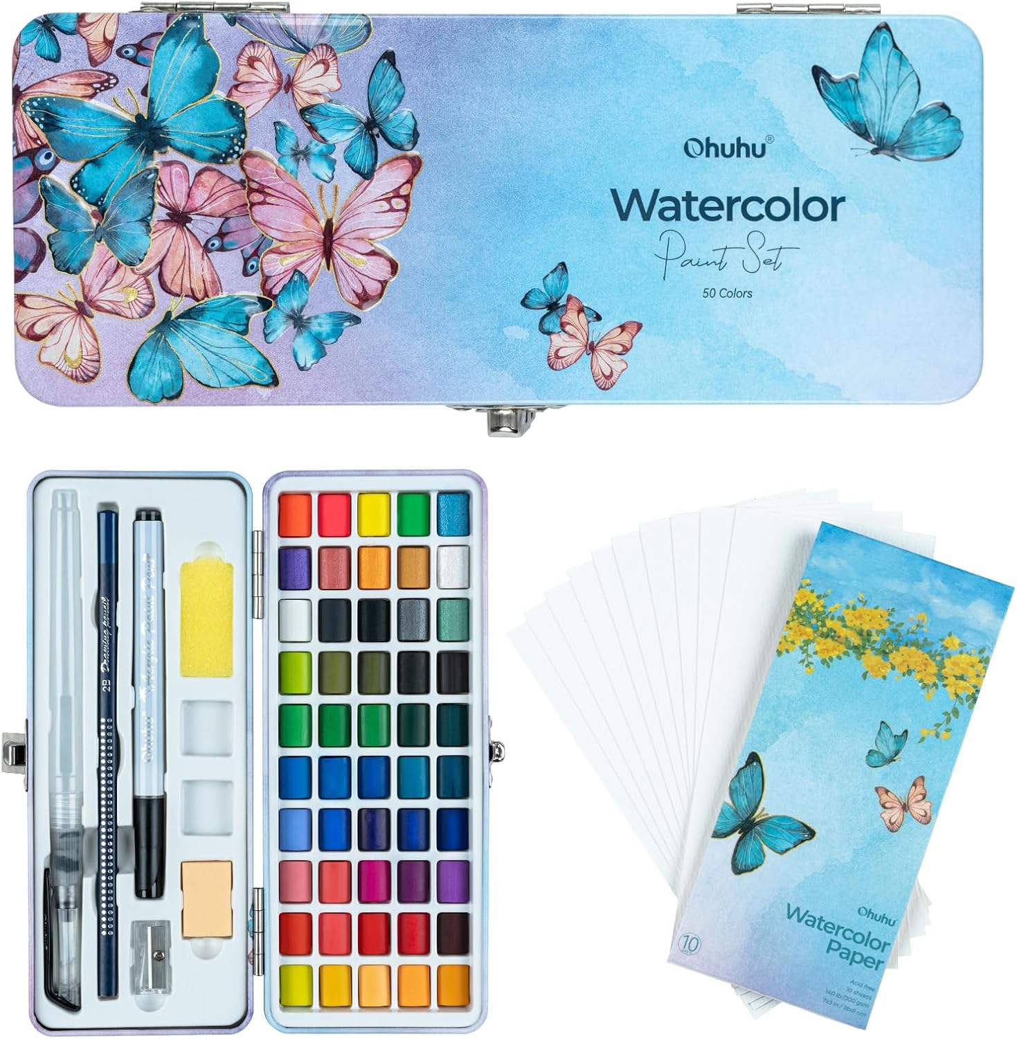 Ohuhu Watercolour Travel Paint Set, 50 Colours Portable Watercolour Paints with Watercolour Papers, Brush Pen, Acrylic Pen, Pencil and Accessories, Non-toxic for Artists Adults Beginners Gift Idea