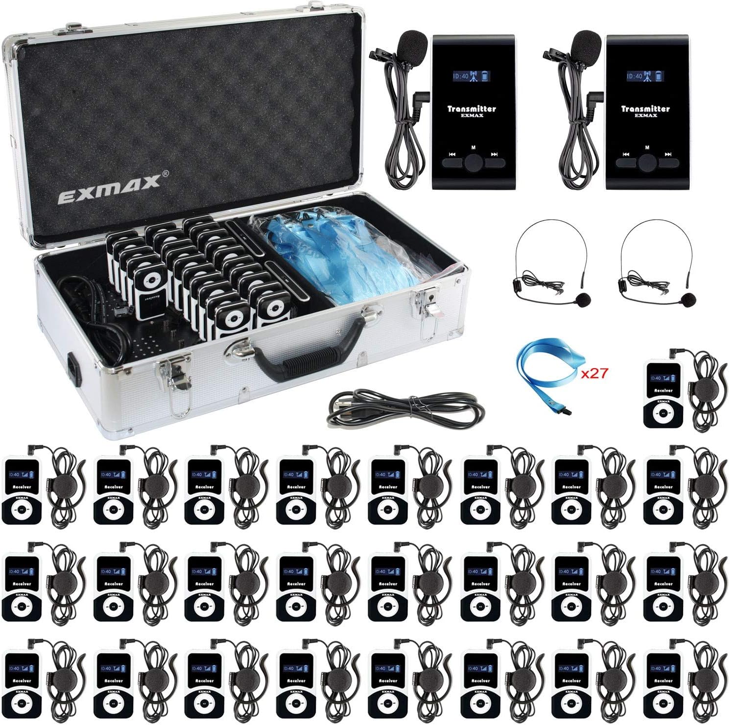 EXMAX Wireless Audio Voice Transmission System ATG-100T 195MHz Interpretation Devices for Tour Guide Teacher Presenter Interpreter(2 Transmitters & 25 Receivers + Aluminium Alloy Charge Case)