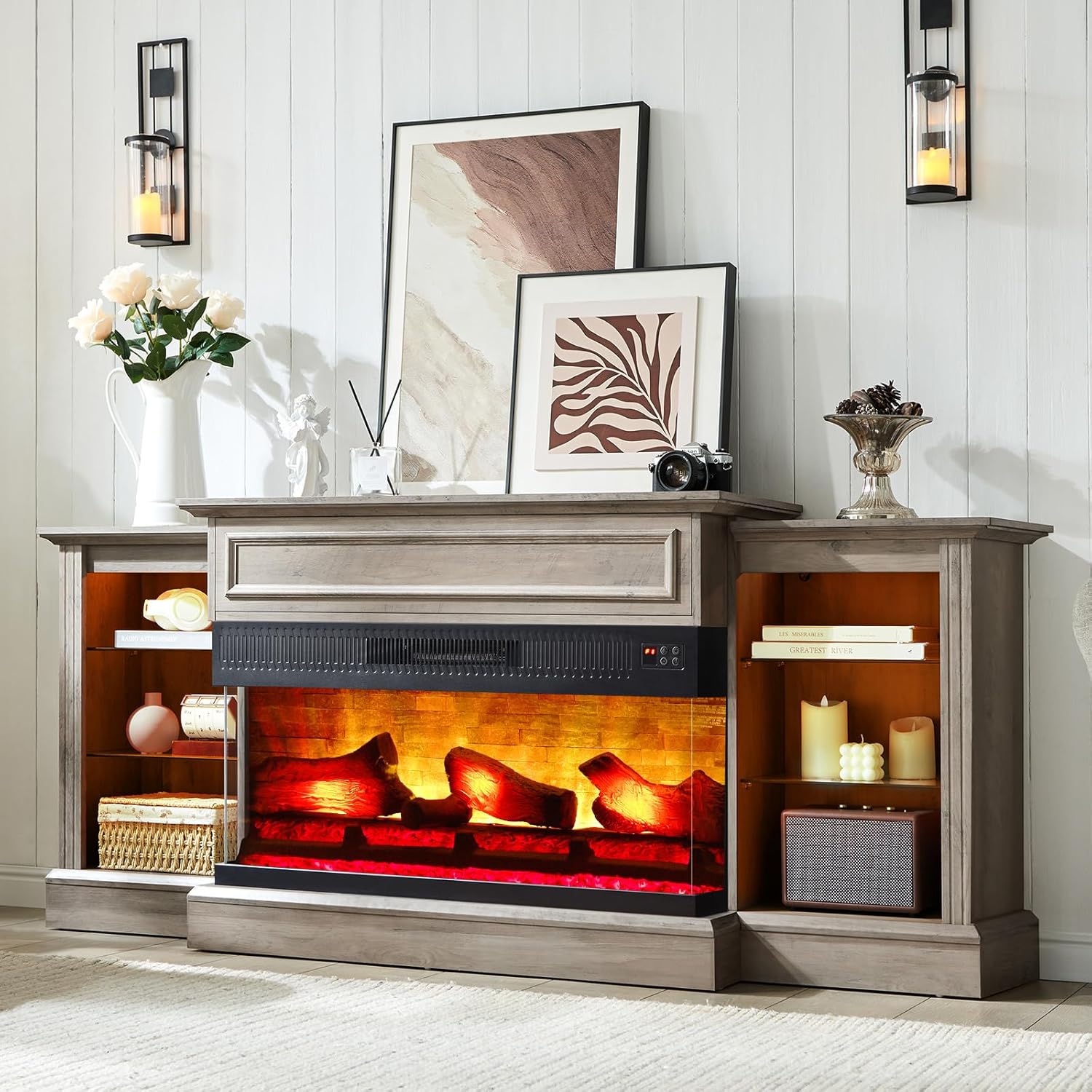 AMERLIFE 70" Electric Fireplace with Mantel, Farmhouse 3-Sided Fireplace TV Stand for TVs up to 75 Inch, Entertainment Center with Adjustable Shelves & LED Light, Rustic Grey