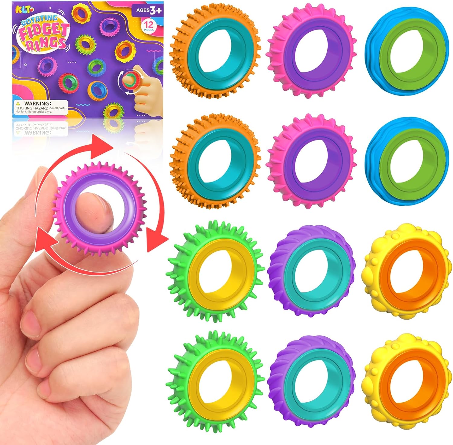Fidget Toys Sensory Rings for Kids: 12 Pack Finger Spinner Rings - Texture Stress Toys for Kids Autism Calming - Fun Fidgets for Student Classroom Prize Stocking Stuffers
