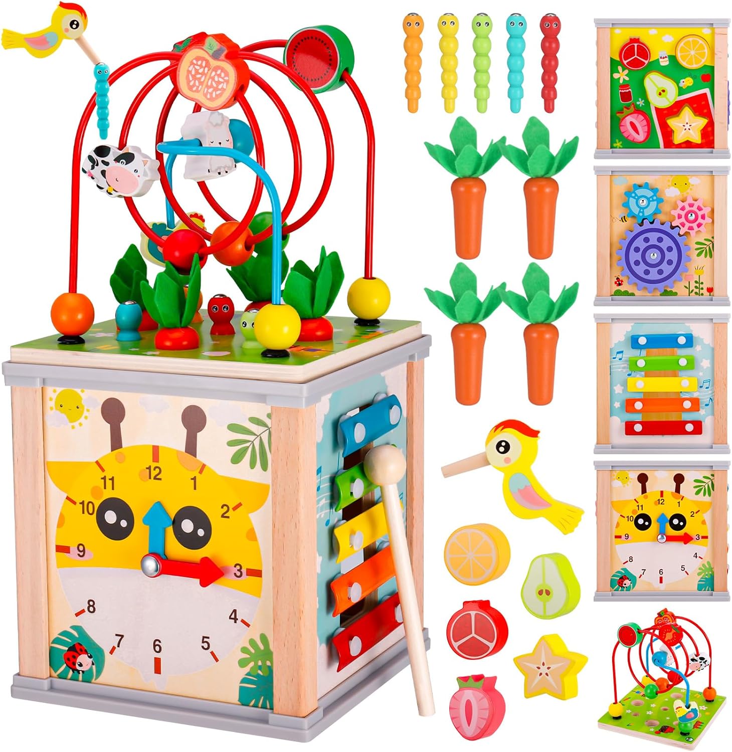 Wooden Activity Cube, 7-in-1 Educational Learning Toys Bonus Sorting & Stacking Game for Baby Boys Girls