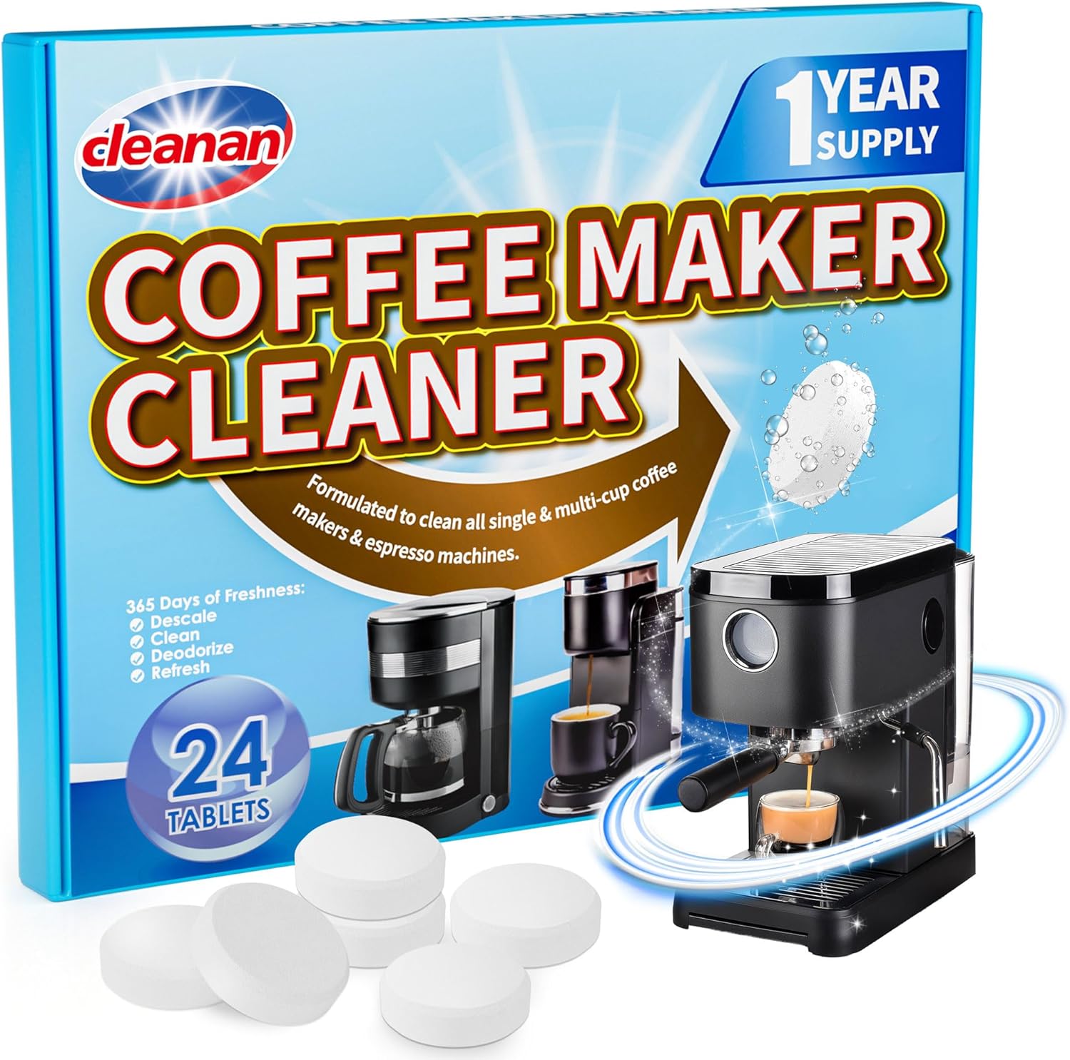 Coffee Machine cleaning and Descaling Tablets - 24 Pack, Removes Limescale, Deep Cleans, Enhances Coffee Taste, Extends Machine Lifespan, Compatible with All Brands and Types of Coffee machines