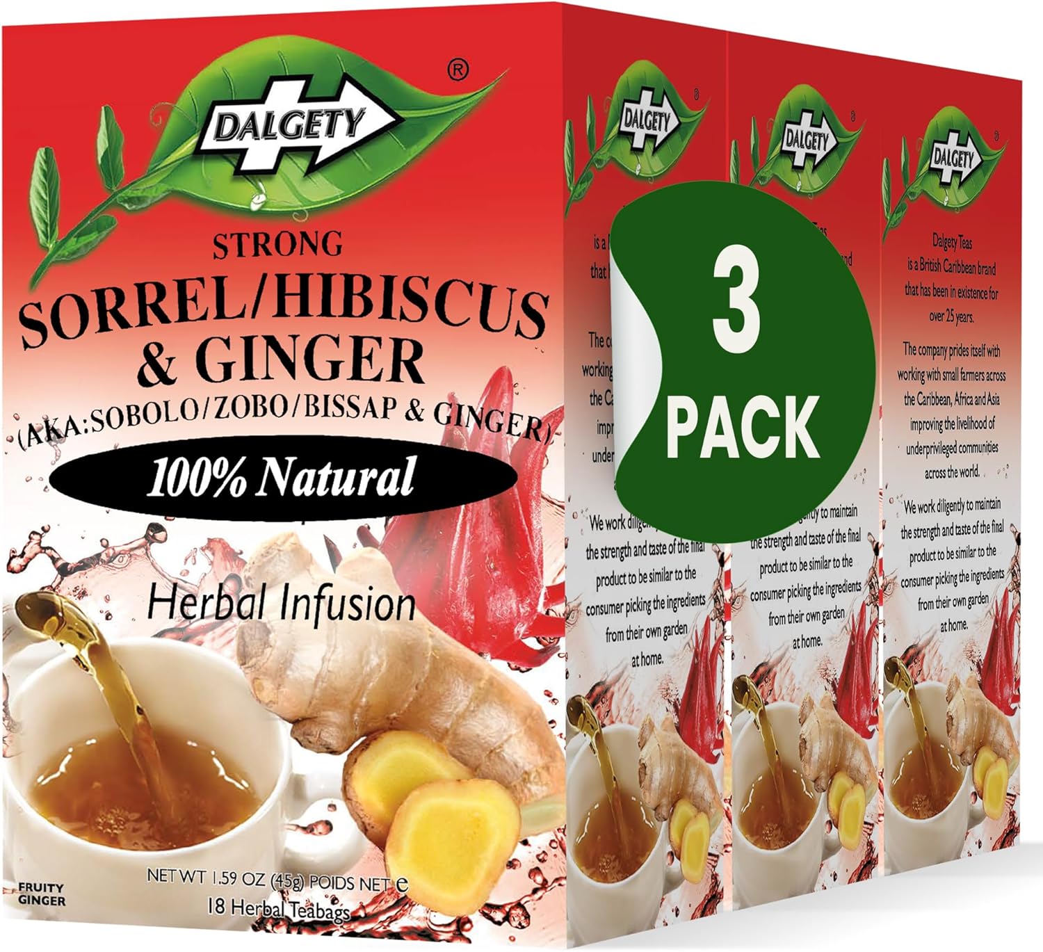 Dalgety Sorrel/Hibiscus & Ginger Tea Bags - Herbal Infusion 100% Natural, Caffeine-Free, Our Delicious Tea Builds the Immune System, Fights Fatigue & Boosts Energy (3 Pack - 54 Teabags)
