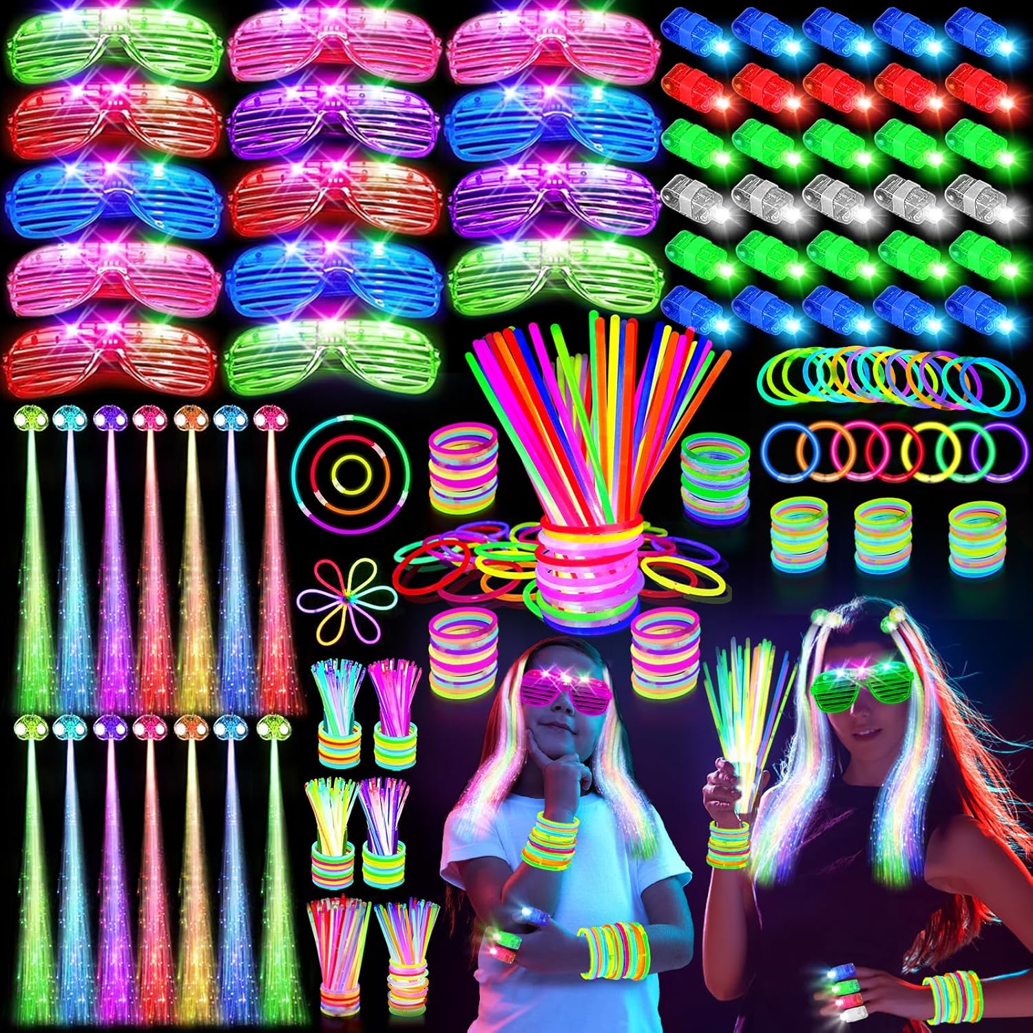 SHQDD158 PCS Glow in the Dark Party Supplies,14PCS LED Glasses, 30 LED Finger Lights, 14 LED Light Hairs and 100PCS Glow Sticks Bracelets for Glow Party, New Year, Wedding, Concert, Neon Party Favors