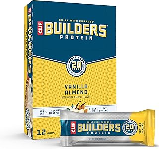 CLIF Builders - Vanilla Almond Flavor - Plant Based Protein Bars - Gluten Free - Non-GMO - Low Glycemic - 20g Protein - 2.4 oz. (12 Count)