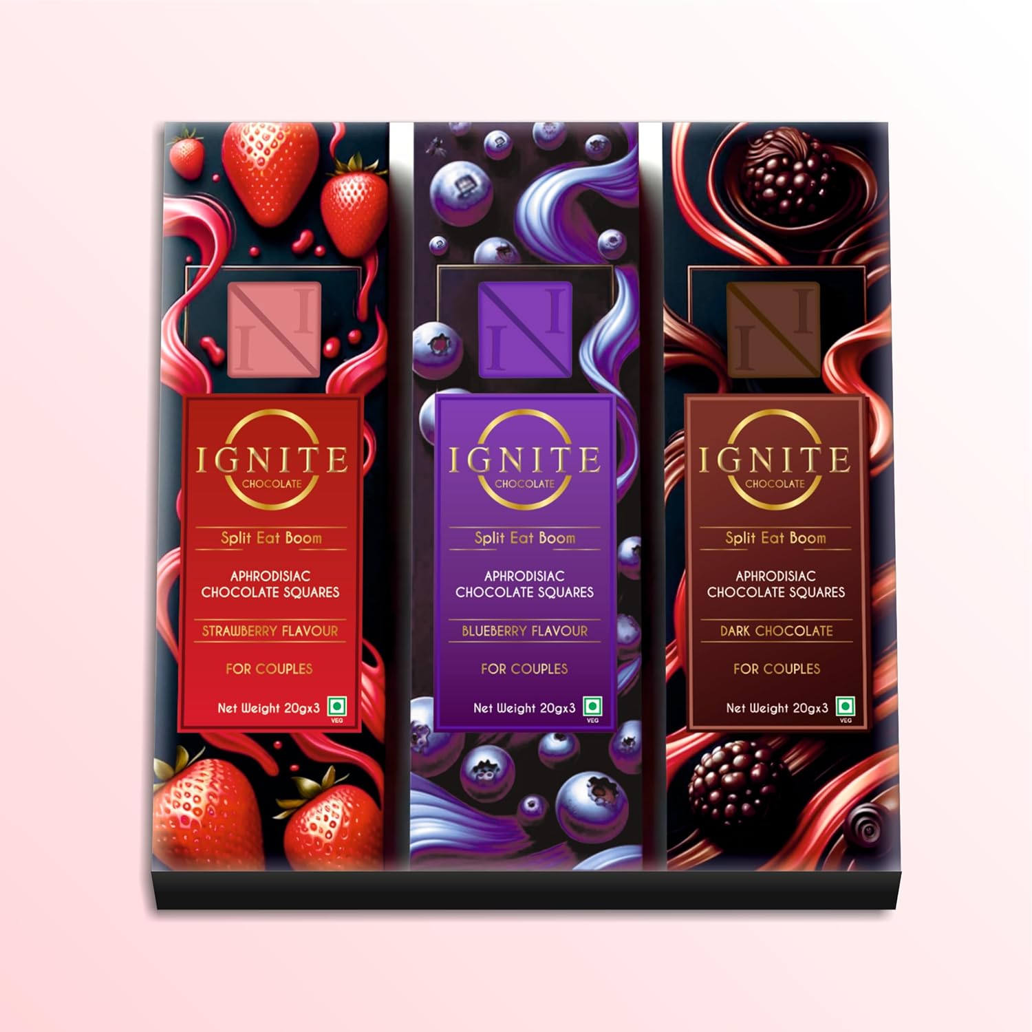 MBDH Wellness Ignite Chocolate Bars For Couples- Sweet Indulgence For Love: Valentine's Day, Date Night & Wedding Gift | 3 Flavors Dark Chocolate, Blueberry, Strawberry