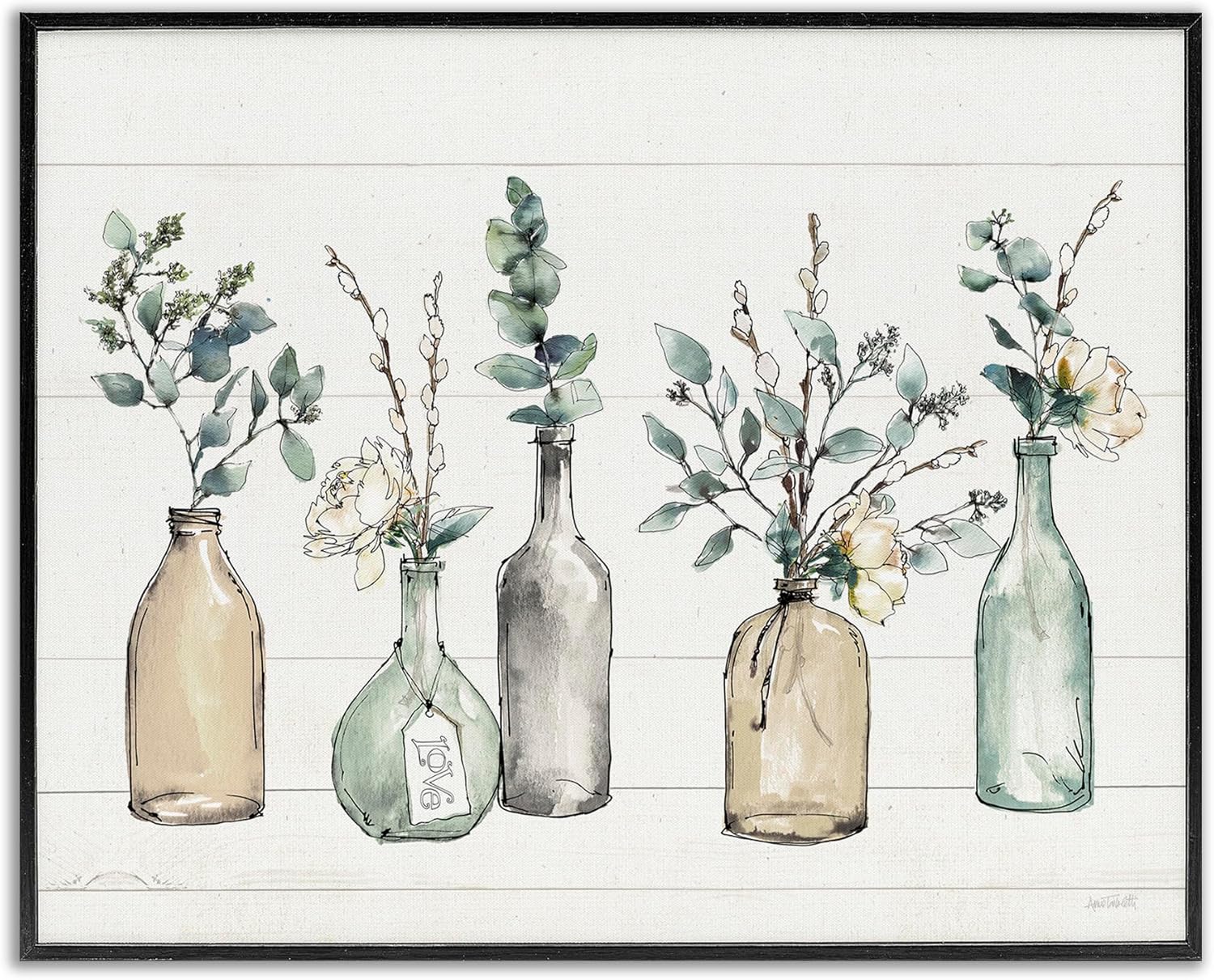 Stupell Industries Bottles and Plants Farm Wood Textured, Design by Anne Tavoletti Wall Art, 11 x 14, Multi-Color, Black Framed