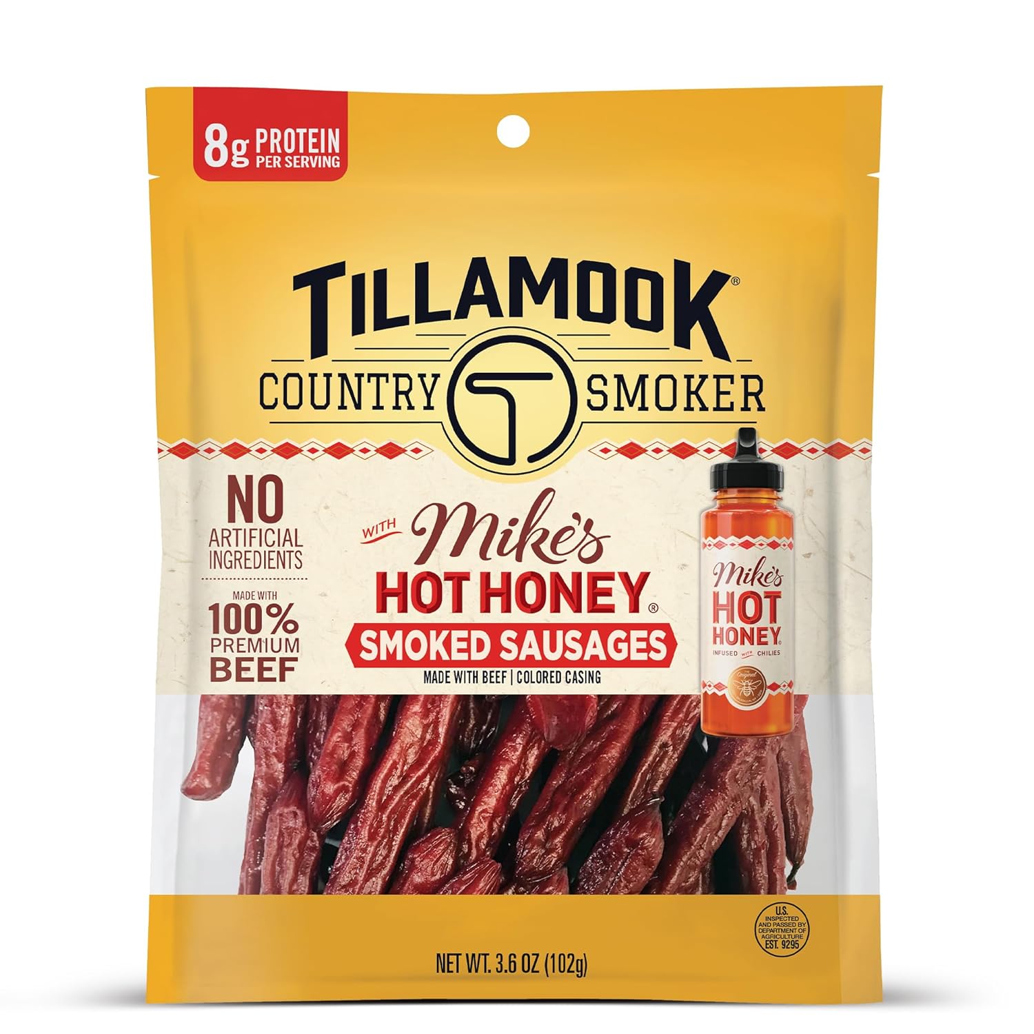 Tillamook Country Smoker Beef Smoked Sausages, Mike's Hot Honey, 3.6 Ounce, Real Hardwood Smoked Sausages, Low Carb, High Protein, Ready to Eat Sweet & Spicy Snack