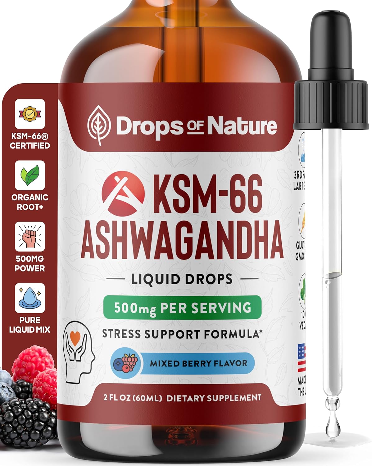 Ashwagandha KSM 66 Liquid Drops - Vegan, GMO Free, Fast Absorbing Form - Ashwagandha Supplement for Daily Wellness Support - Promotes Focus and Clarity - Supports Daily Vitality (Mixed Berry, 60ml)