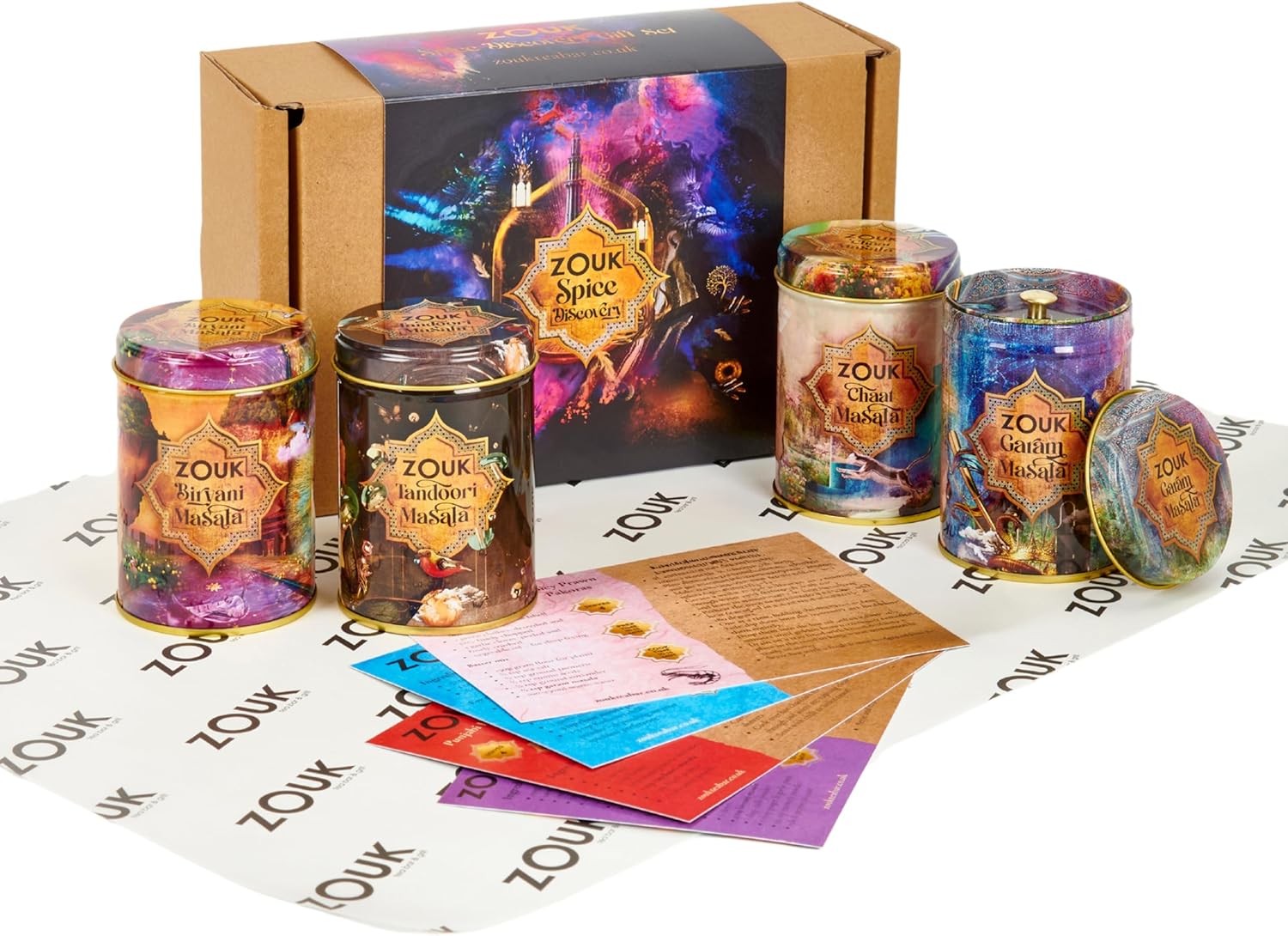 Zouk Spice Curry Kit | Indian Spice Blends | Perfect for Curry Night | Tandoori Masala, Garam Masala, Biryani Masala & Chaat Masala | Spice Gift Set | Discovery Set 4 x 60g