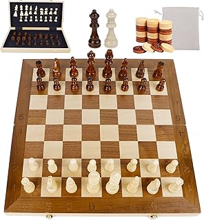 Juegoal 17" Wooden Chess & Checkers Set, 2 in 1 Board Games for Kids and Adults, with Felted Game Board Interior for Storage, Travel Portable Folding Chess Game Sets, 2 Extra Queen, 24 Checkers Pieces