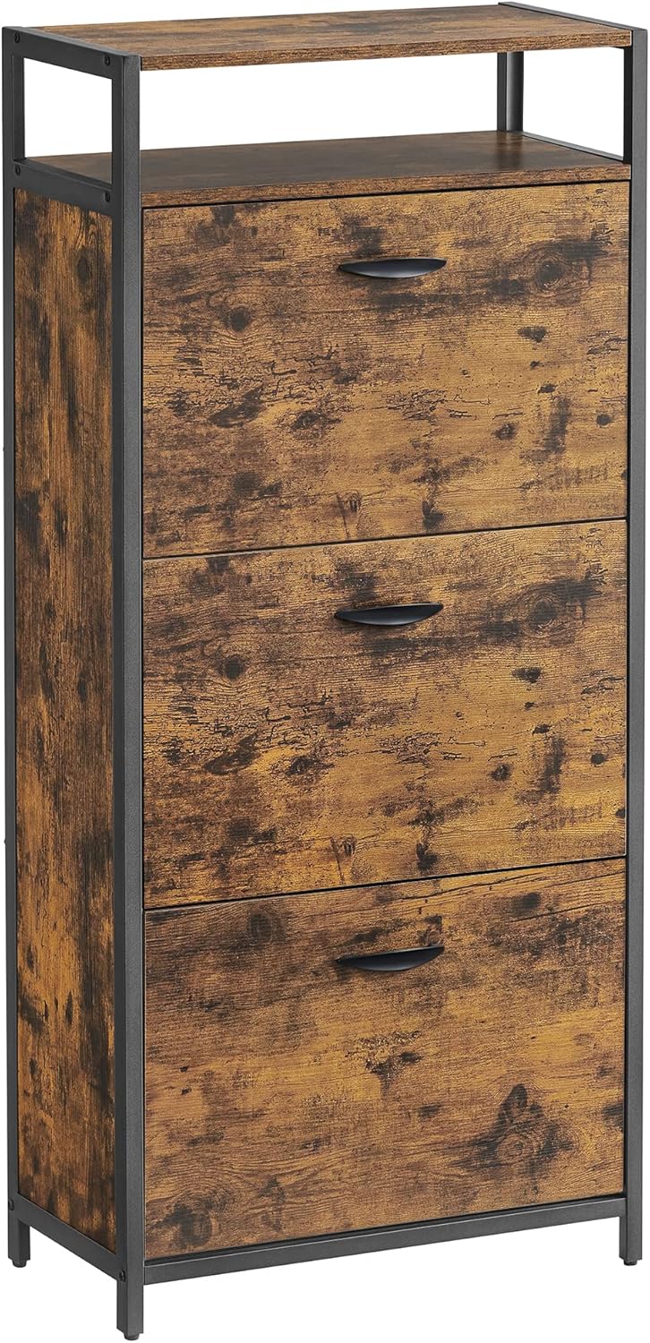 VASAGLE Shoe cabinet, high shoe storage cabinet with 3 folding doors, open shelf, inner divider, in the hallway for 12-18 pairs of shoes, space saving, 60 x 30 x 130 cm, rustic brown and black