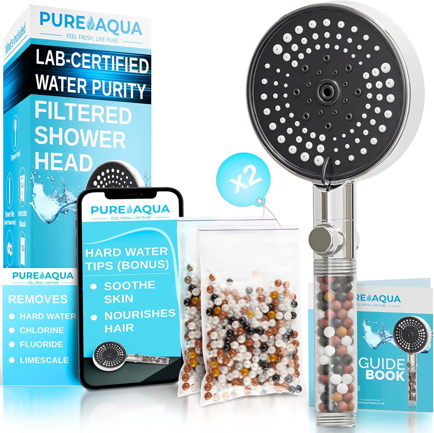 PUREAQUA 5 Stage Filtered Shower Head (X2 Power - Higher Filtration) | Shower Filter Hard Water UK (Soothe Skin & Hair) | 3 Lux Spray Settings | High Pressure Shower Heads | Water Softener Shower Head