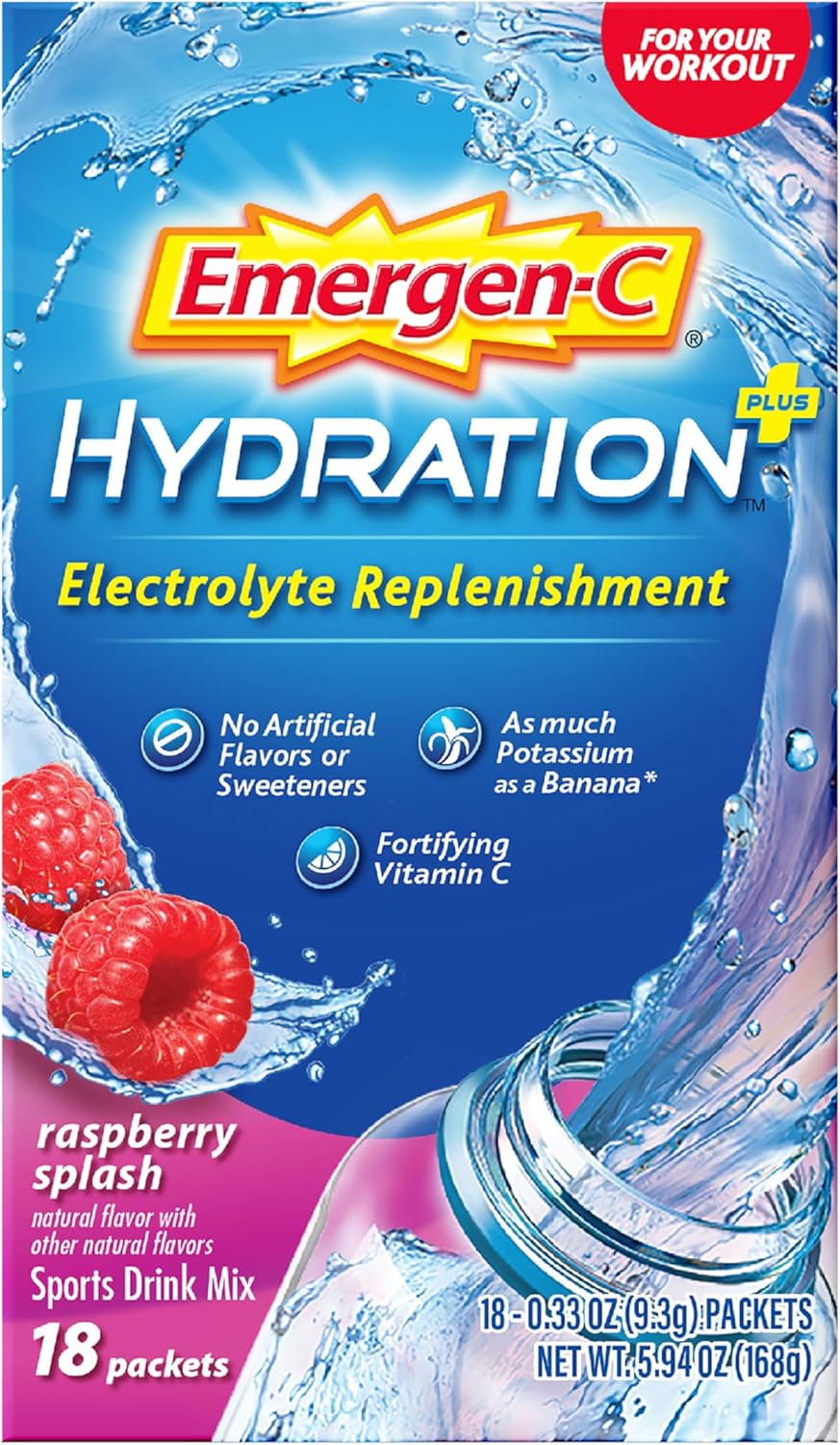 Emergen-C Hydration+ Sports Electrolyte Replacement Sports Drink Mix Powder with Vitamin C, Raspberry Splash Flavor - 18 - 0.33 oz On The Go Packets