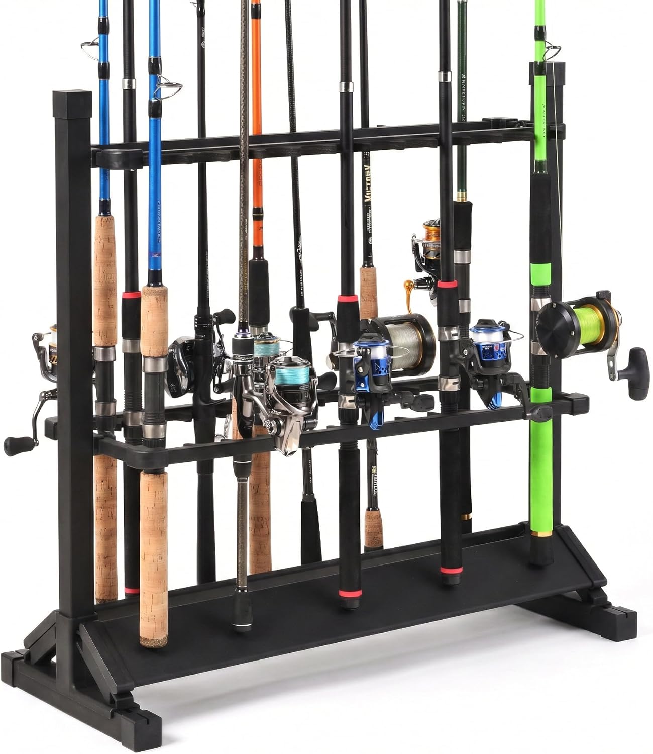 24-Rod Aluminum Alloy Rolling Fishing Pole Holder, Rustproof Fishing Rod Rack with 360° Lockable Wheels, Multi-Functional Storage Organizer for Garage & Home, Fits Most Rods & Golf Clubs (Black)