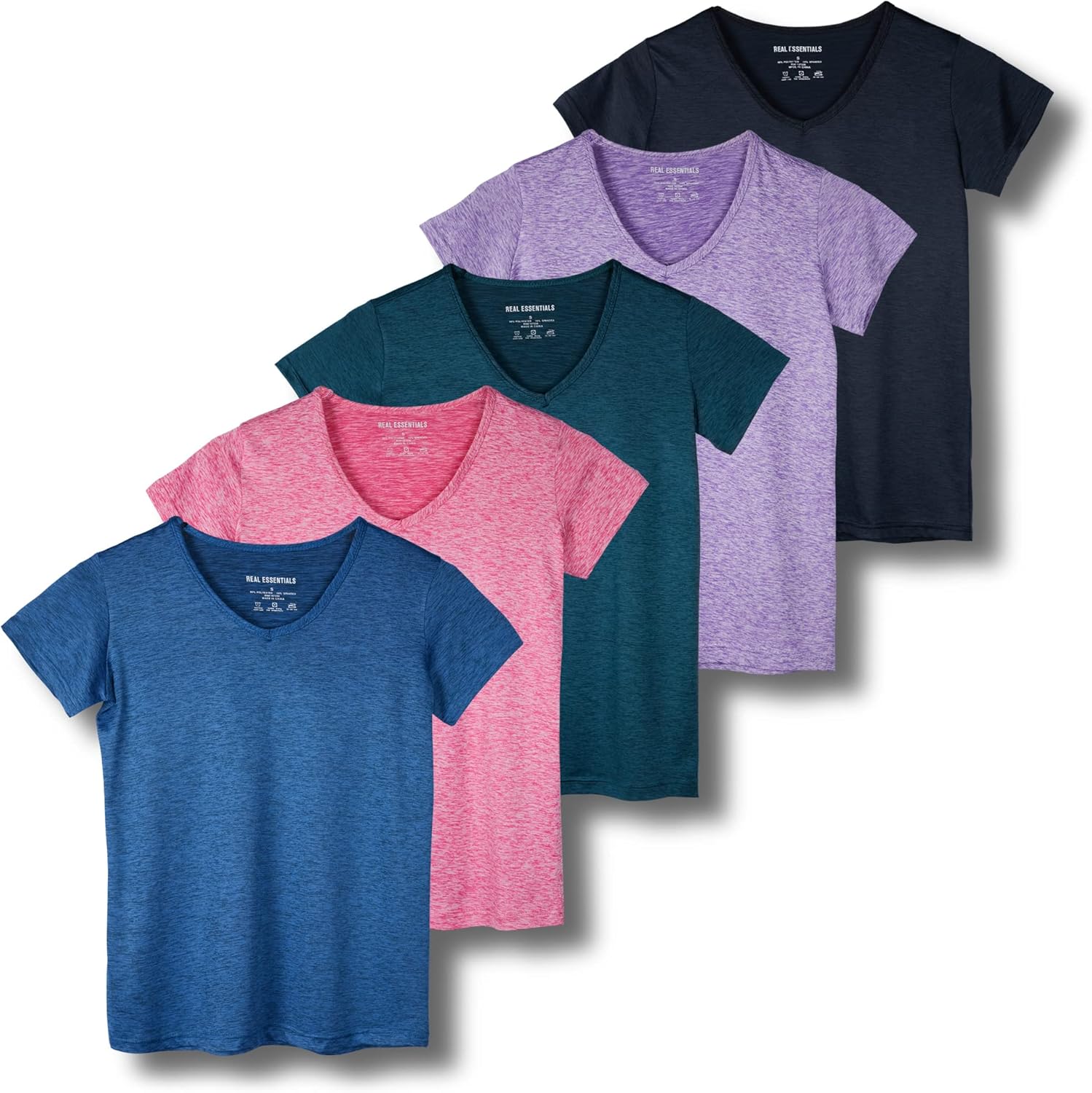 Real Essentials 5 Pack: Women's Short Sleeve V-Neck Activewear T-Shirt Dry-Fit Wicking Yoga Top (Available in Plus)