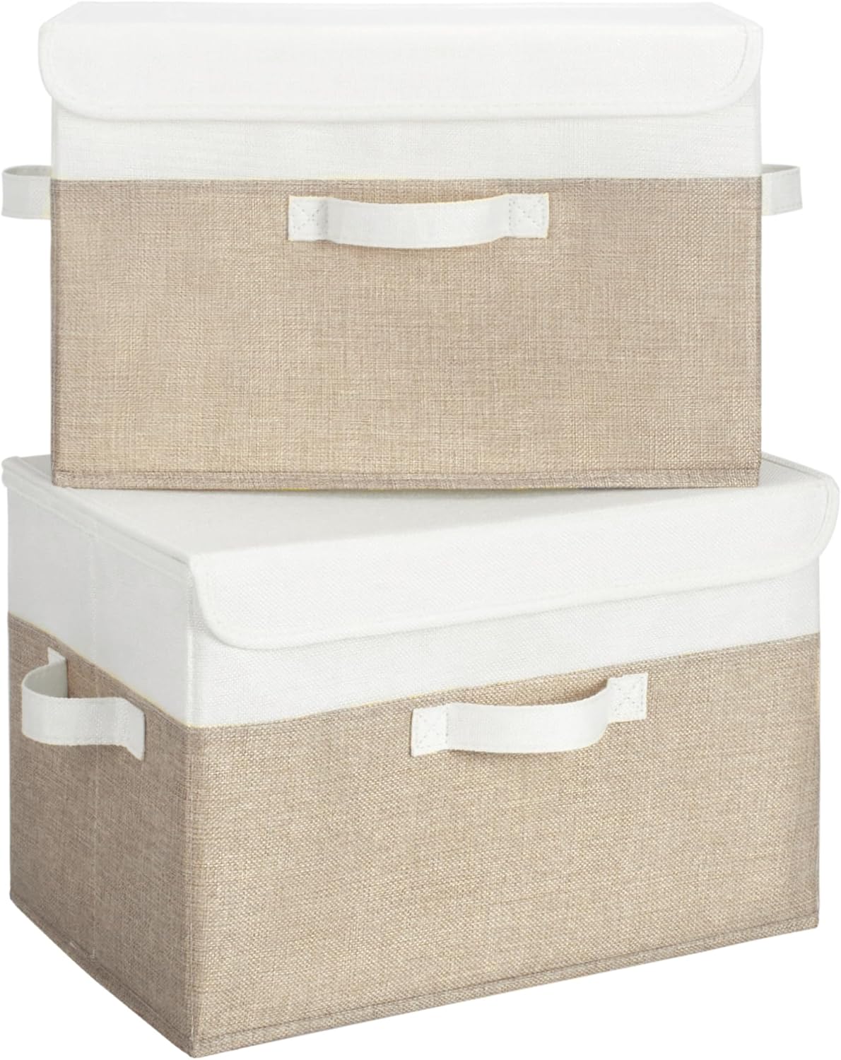 GRANNY SAYS Wardrobe Storage Boxes with Lid, Pack of 2 Collapsible Storage Boxes Lidded, Large Fabric Baskets for Shelves Organising, Top of Wardrobe Organisation, White&Khaki, 40 x 26 x 25.5 cm