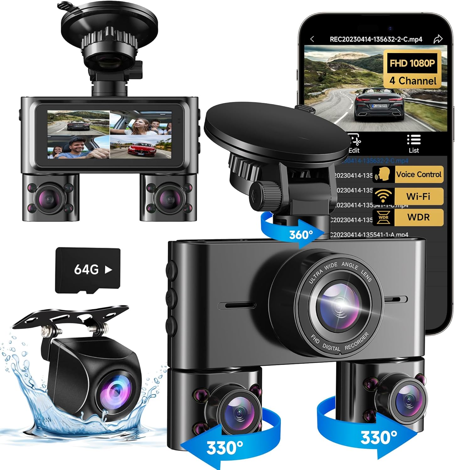 360° Dash Cam Front and Rear Inside, 4 Channel Dash Camera for Cars FHD 1080Px4, Built-in Wi-Fi, 3.16” IPS Screen, WDR Night Vision, Voice Control, Included 64GB Card, 24H Parking Mode