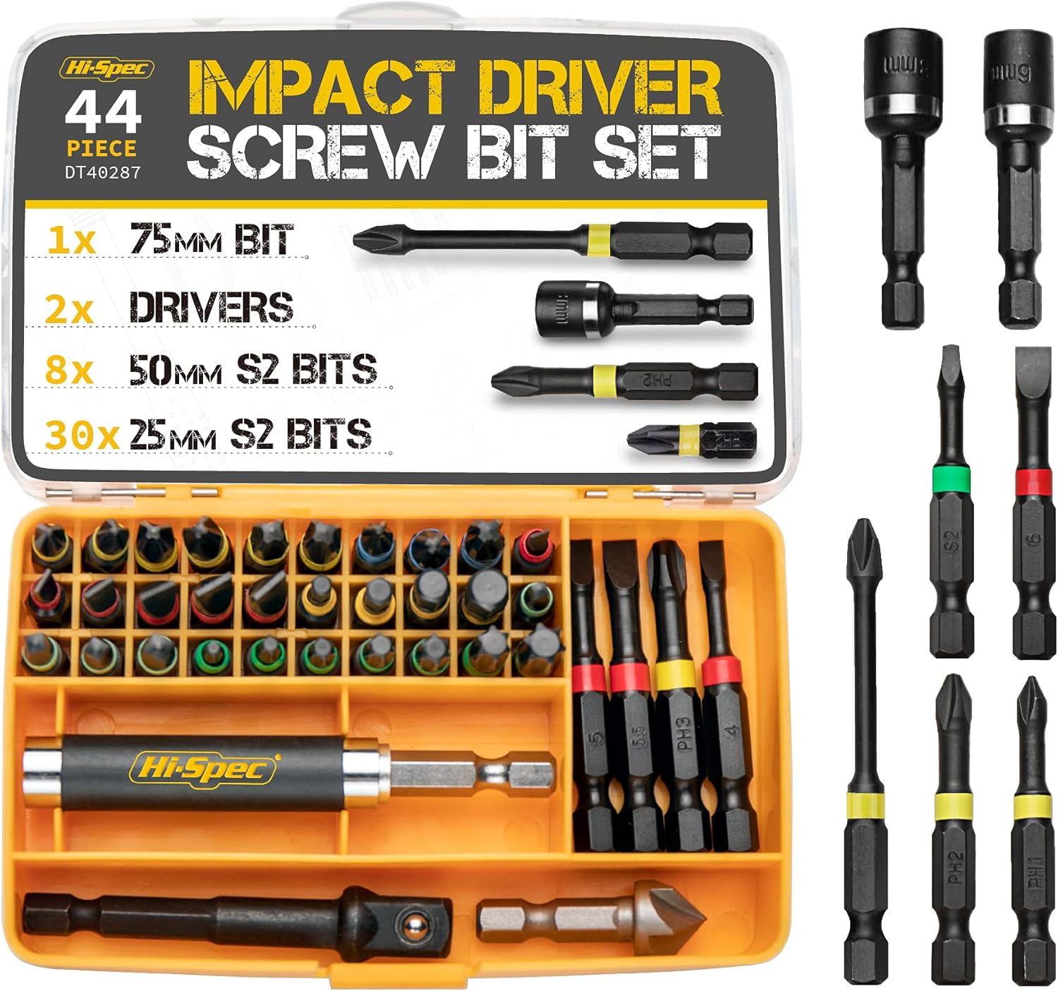Hi-Spec 44pc Impact Drill Driver Screw Bit Set with Popular PZ & PH Sizes. 1/4 Hex S2 Screwdriver Bits with Nut and Socket Drivers.