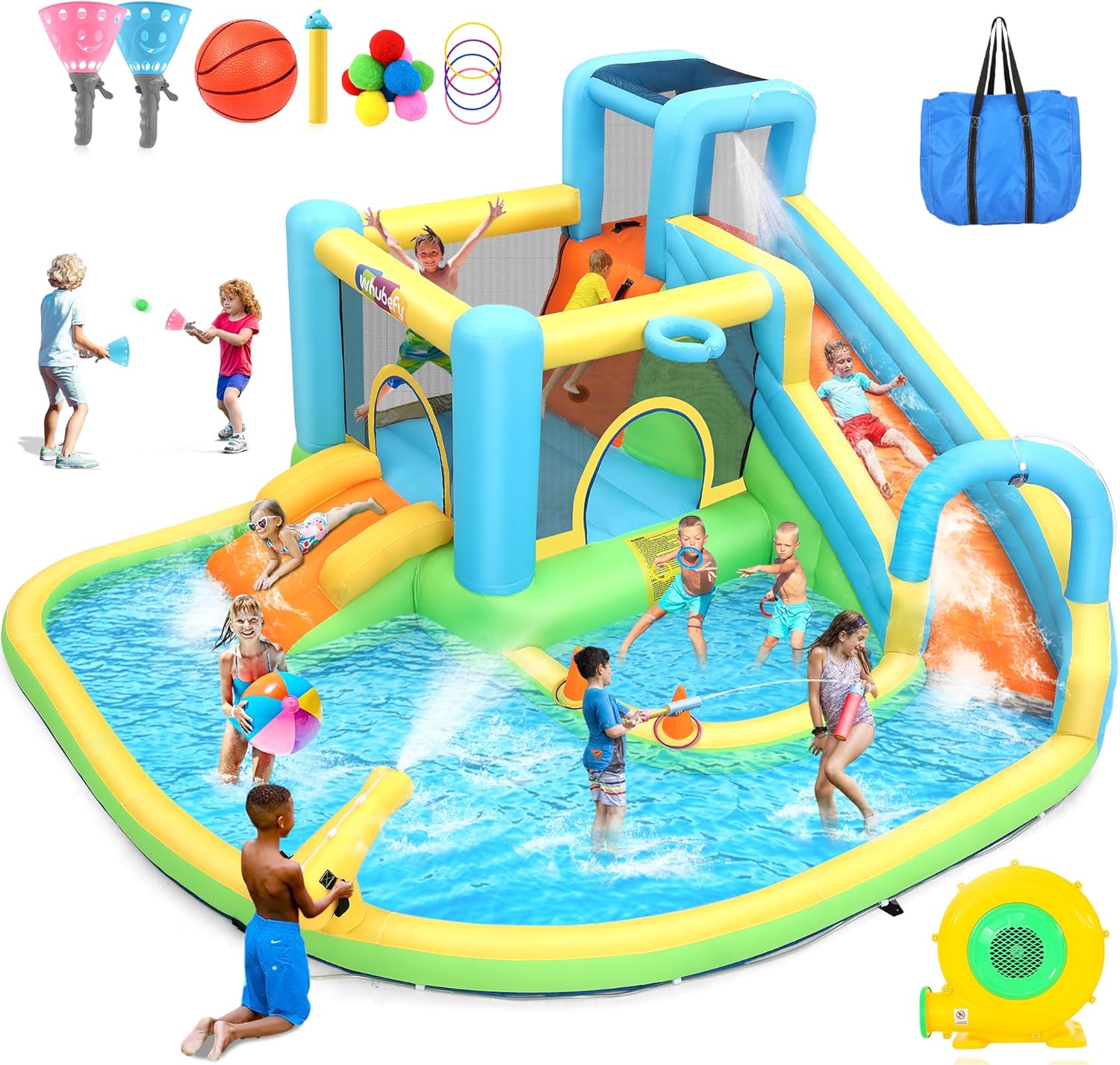 Whubefy 12.8x12ft Inflatable Water Slide Bounce House for Big Kids 3-10, 13-in-1 Inflatable Water Park Bounce House Waterslide With Dual Pool,Jump Bouncy Castle, Blow up Water Slides for Kids Backyard