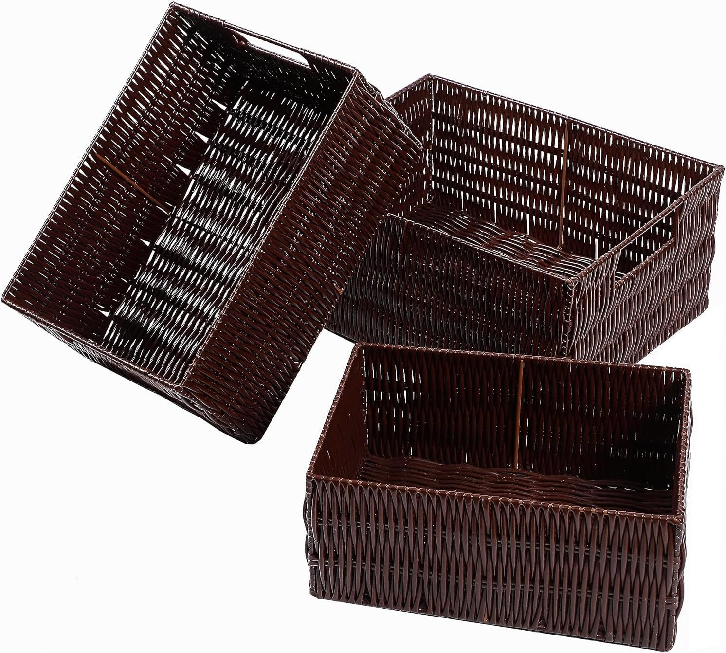 Plastic Wicker Basket Set of 3, Handmade Storage Basket for Organizing with Handles, Storage Bins for Home Kitchen Countertop, Shelf Organizer, Waterproof, Coffee
