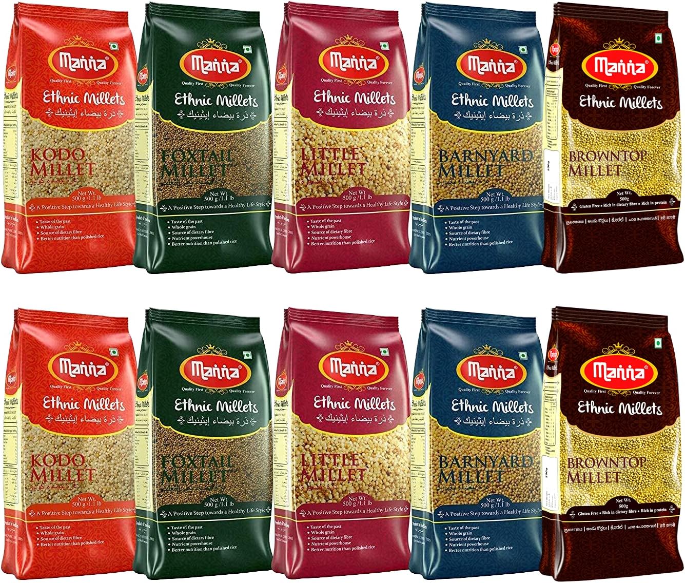Manna Millets 5Kg Combo Pack of 10 (with Browntop) | Natural Grains | Browntop 1kg, Little 1kg, Kodo 1kg, Foxtail 1kg, Barnyard 1kg | Low GI Rice
