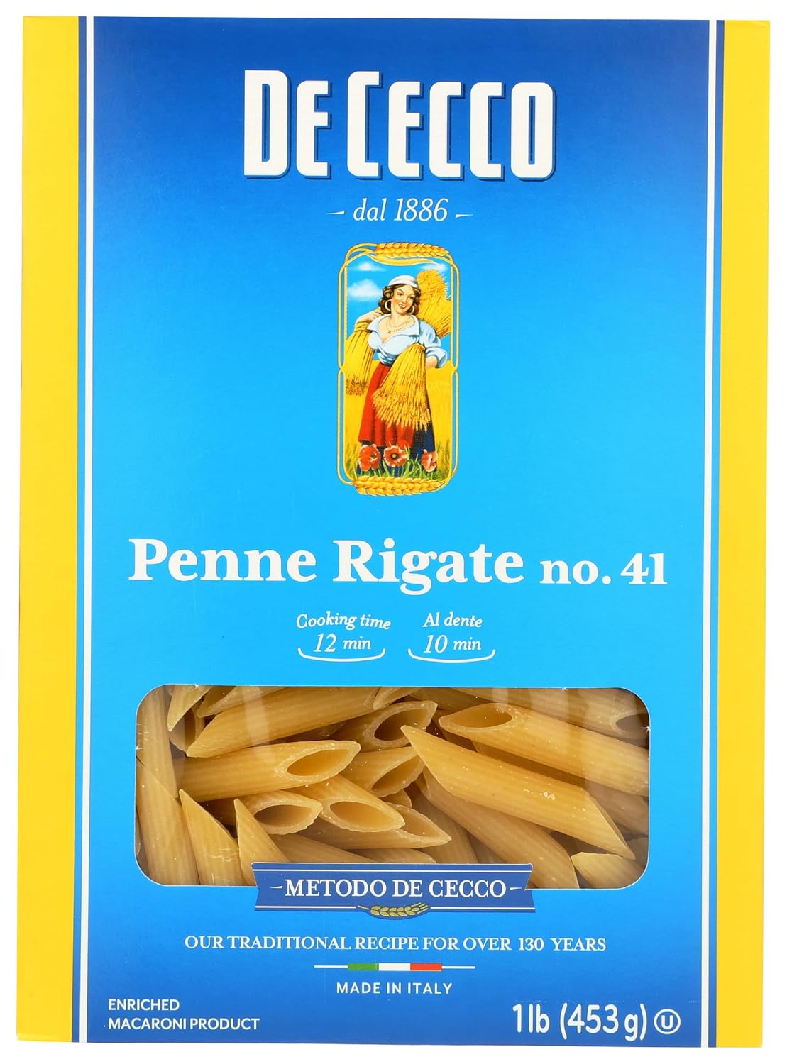 De Cecco Penne Rigate No. 41 Pasta, 16 Oz, Authentic, Slow Dried, Made with Durum Wheat, Versatile Pasta for Sauces & Recipes, Made in Italy