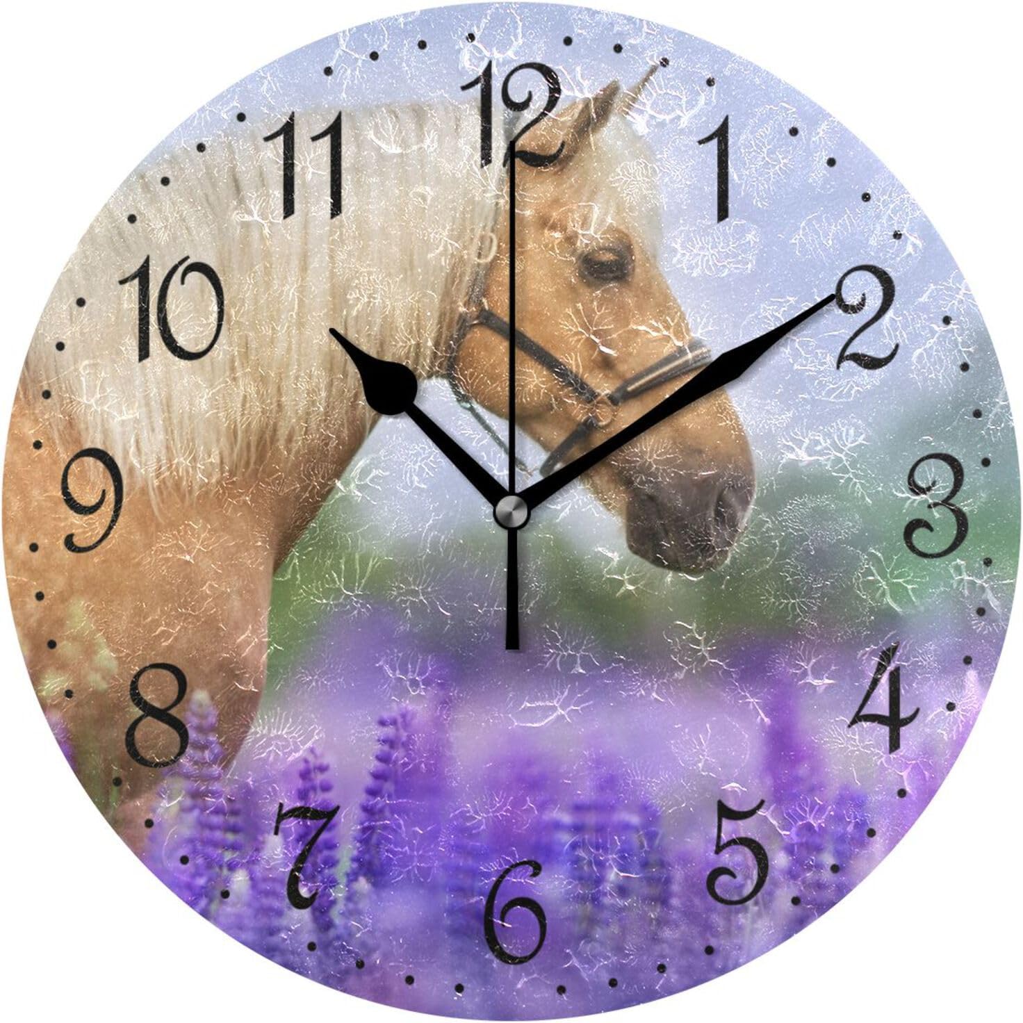 Mnsruu Wall Clock Horse Purple Flower Field, Silent Non-Ticking Decorative Wall Clocks Battery Operated 25x25cm