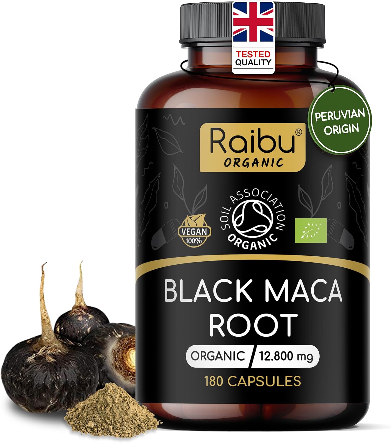 Organic Black Maca Root Capsules - High Strength Peruvian Maca for Men & Women - 12,800 mg Equivalent (3,200 mg Daily Dose) - 180 Capsules, with Vitamin C from Acerola - Made to UK Quality Standards