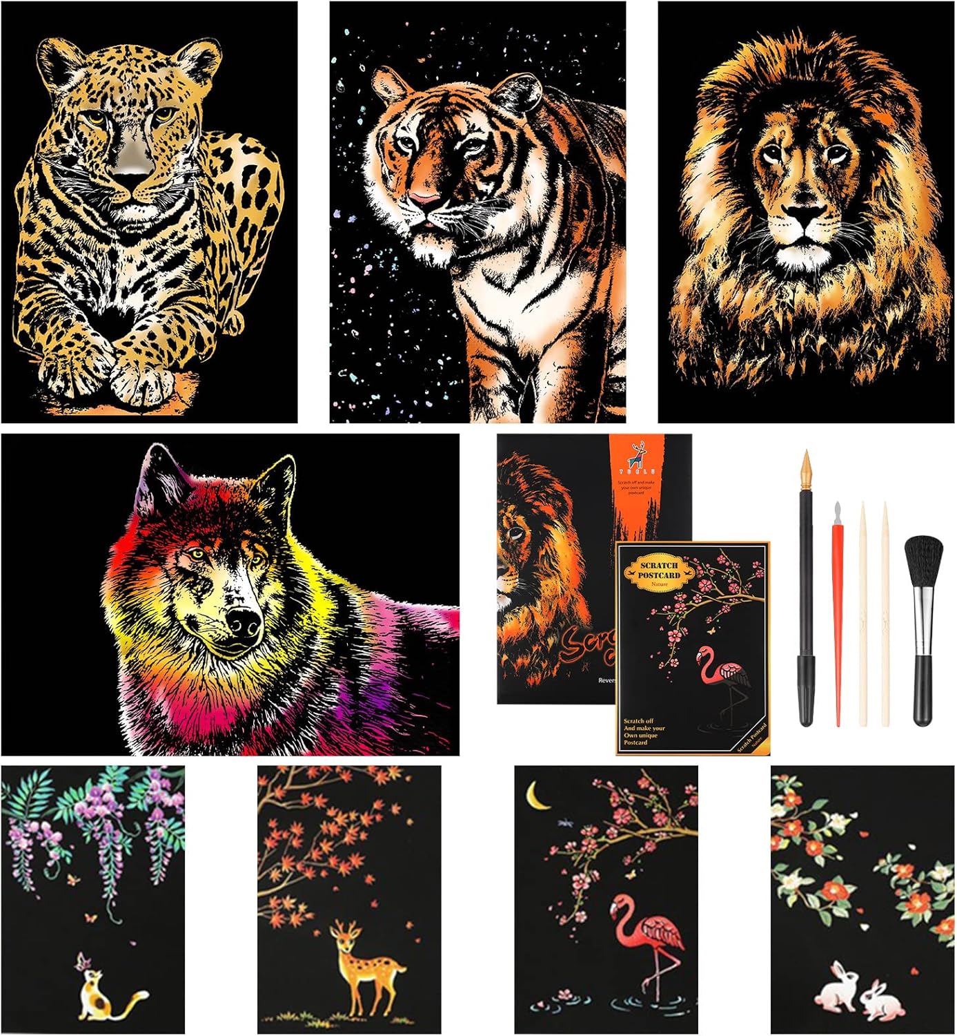 AKlamater 8pcs Scratch Art Paper Animals Rainbow Painting Sketch Art Craft Scratch Scratchboard for Adult and Kids with 5 Tools (A4/A5 Size)