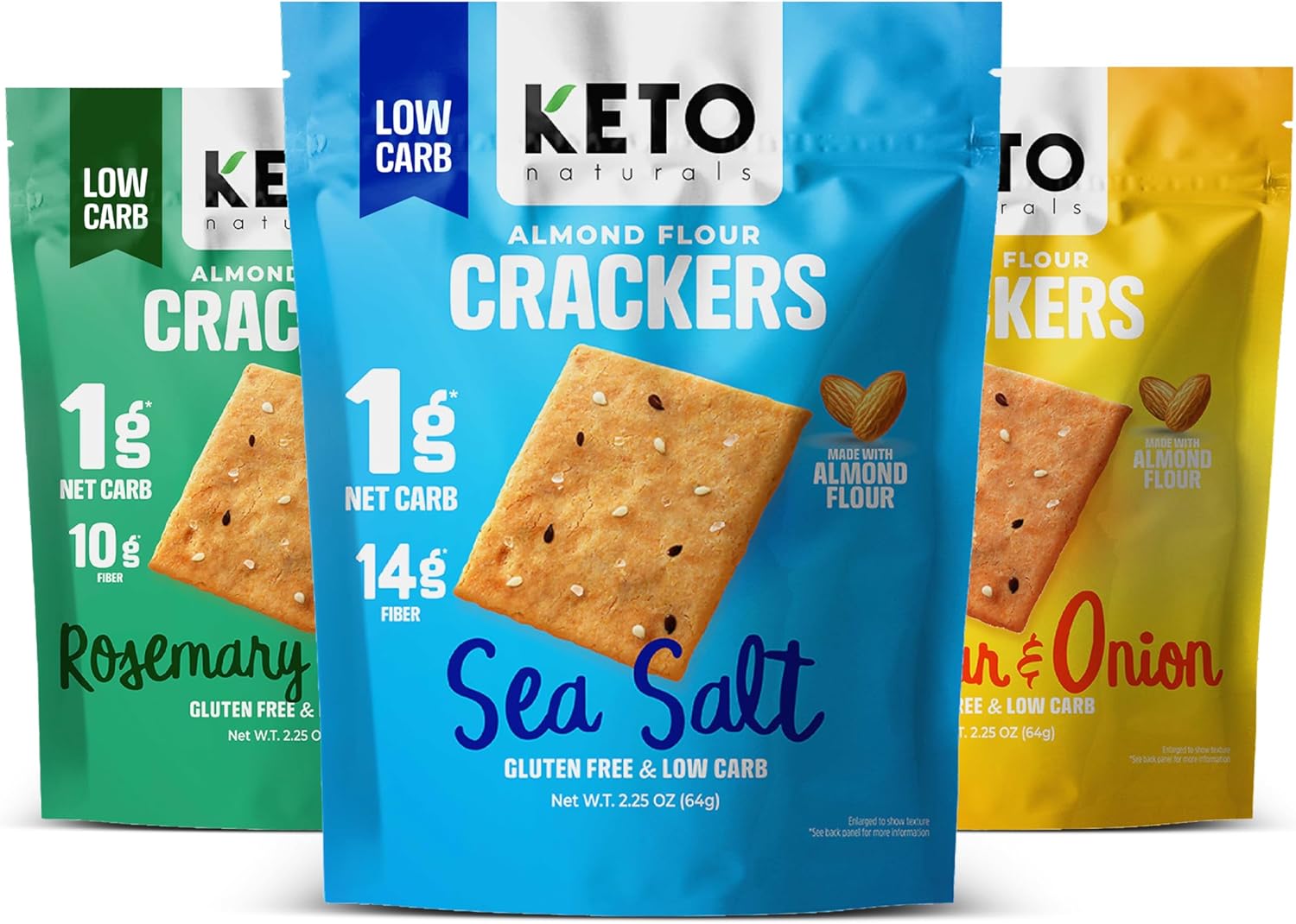 Keto Crackers (Sea Salt, Rosemary & Garlic, Cheddar & Onion) Variety pack, low carb crackers, Keto Snacks, low carb snack, high fibre & gluten free (3 x 64g Packs). Keto snacks no carbs no sugar
