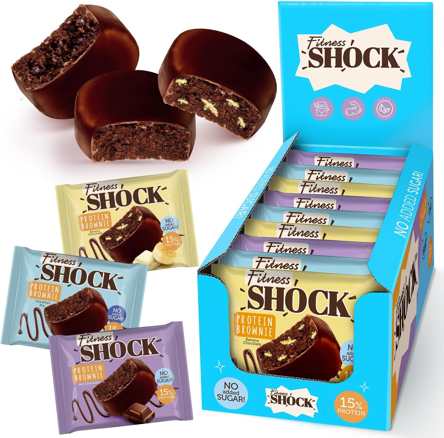 FitnesSHOCK Protein Brownie Dark Chocolate, No Added Sugar, 15%/7,5g Protein, 233kcal, Pre/Post Workout Snack - No Palm Oil, Filling dietary fibre, Soft Texture, 9x50g - Variety pack