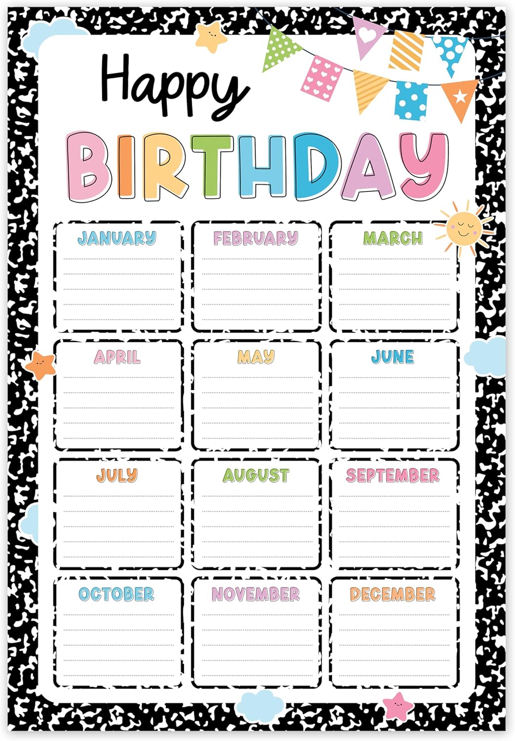 Classroom Birthday Chart, Happy Birthday Calendar for School, Bday Bulletin Board Sign Gifts Decoration, Reusable Posters Laminated Back to School Teaching Supplies, Composition Notebook Wall Art