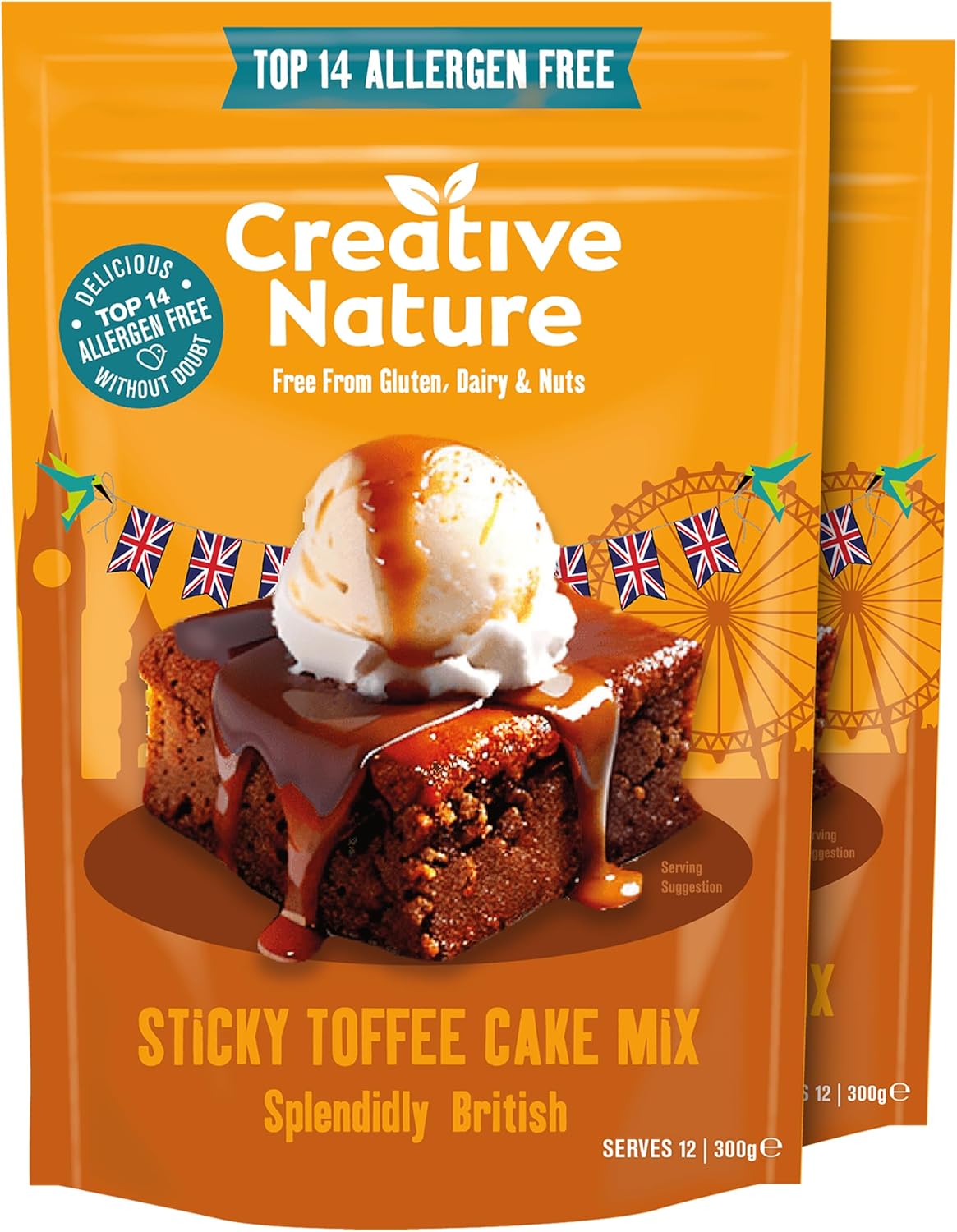 Gluten Free Cake Mix | Creative Nature Vegan Sticky Toffee Pudding Mix | Organic, Nut Free, Dairy Free Baking Mix | Top 14 Allergen Free | 2 Pack